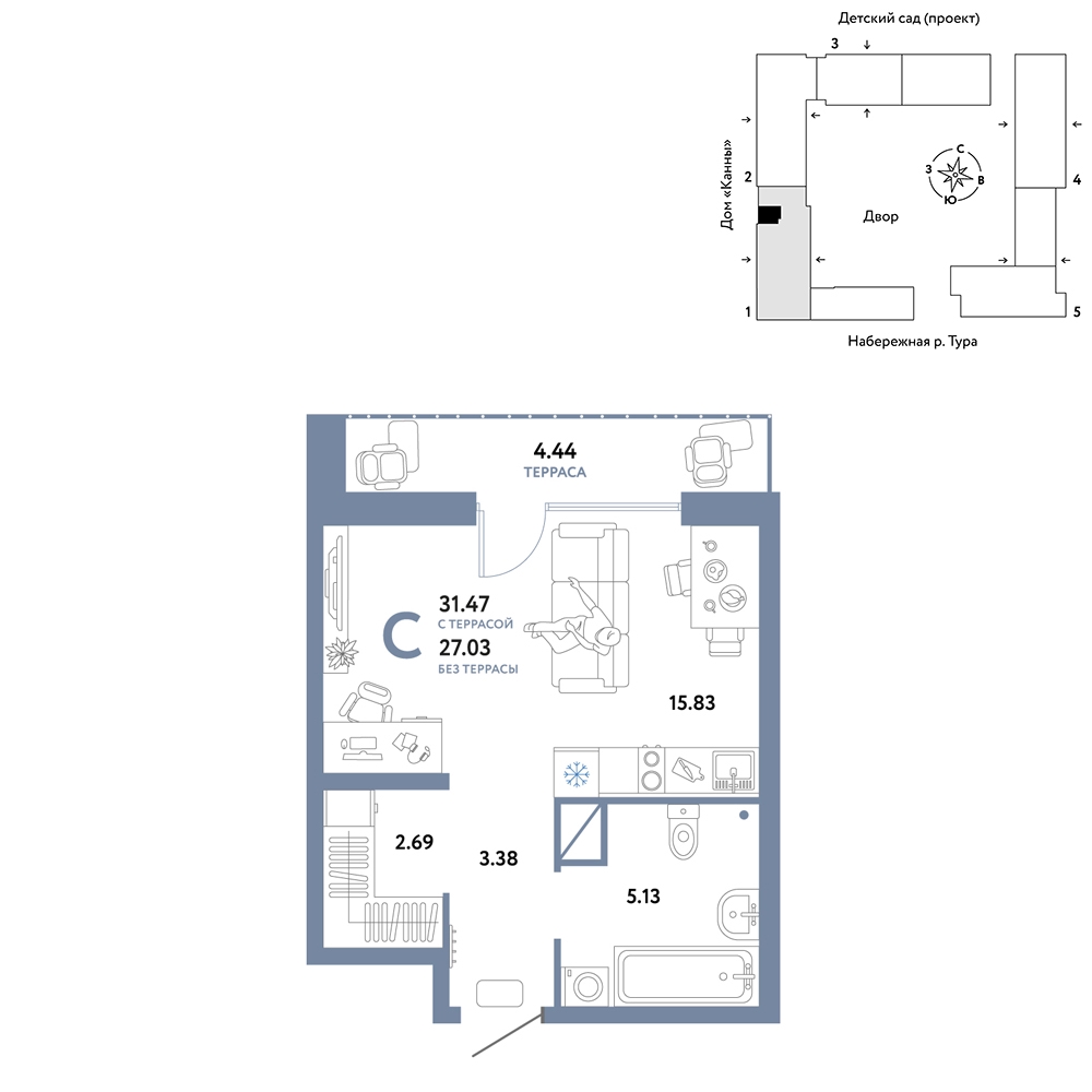 Планировка: Студия 31.5 м² в ЖК Европейский берег 2.0, Европейский