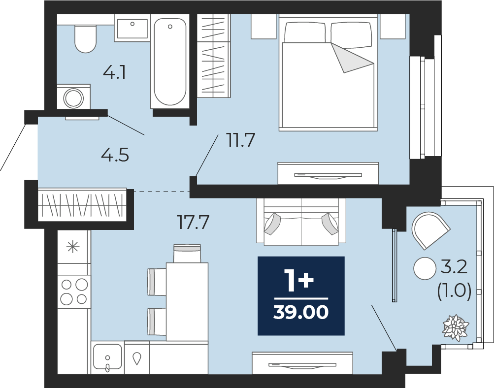 Планировка: Евродвушка 41.3 м² в ЖК Мириады, Мыс