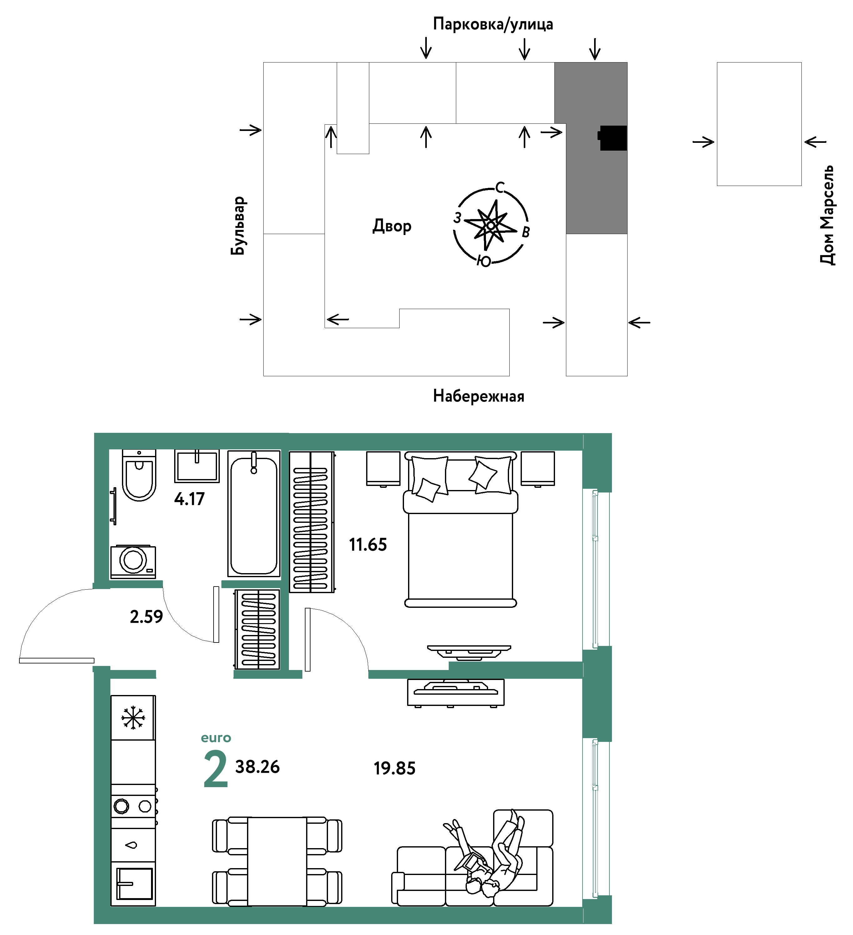 Планировка: Евродвушка 38.3 м² в ЖК Европейский берег 2.0, Европейский