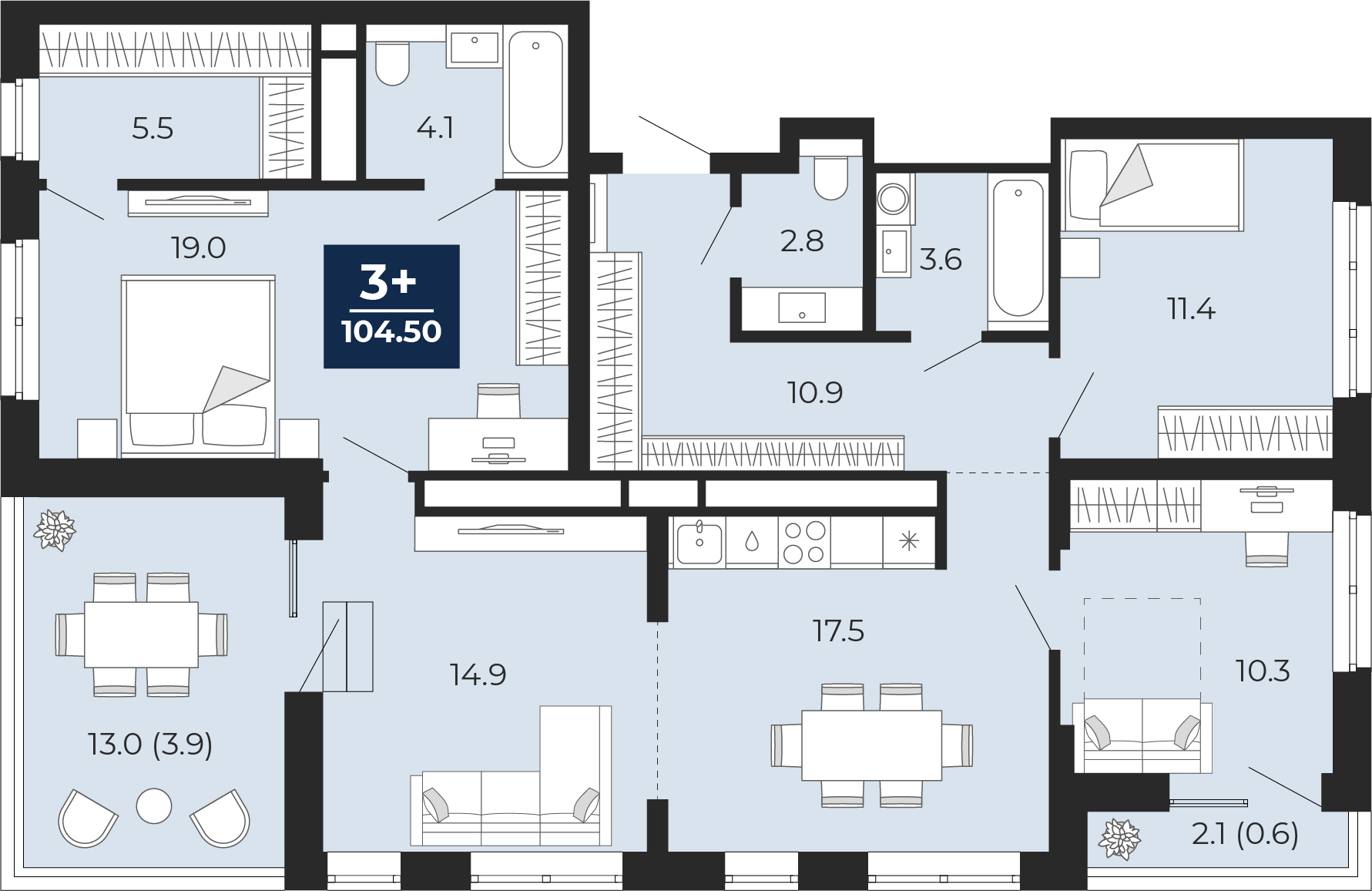 Планировка: 4-комнатная евро 115.1 м² в ЖК Мириады, Мыс