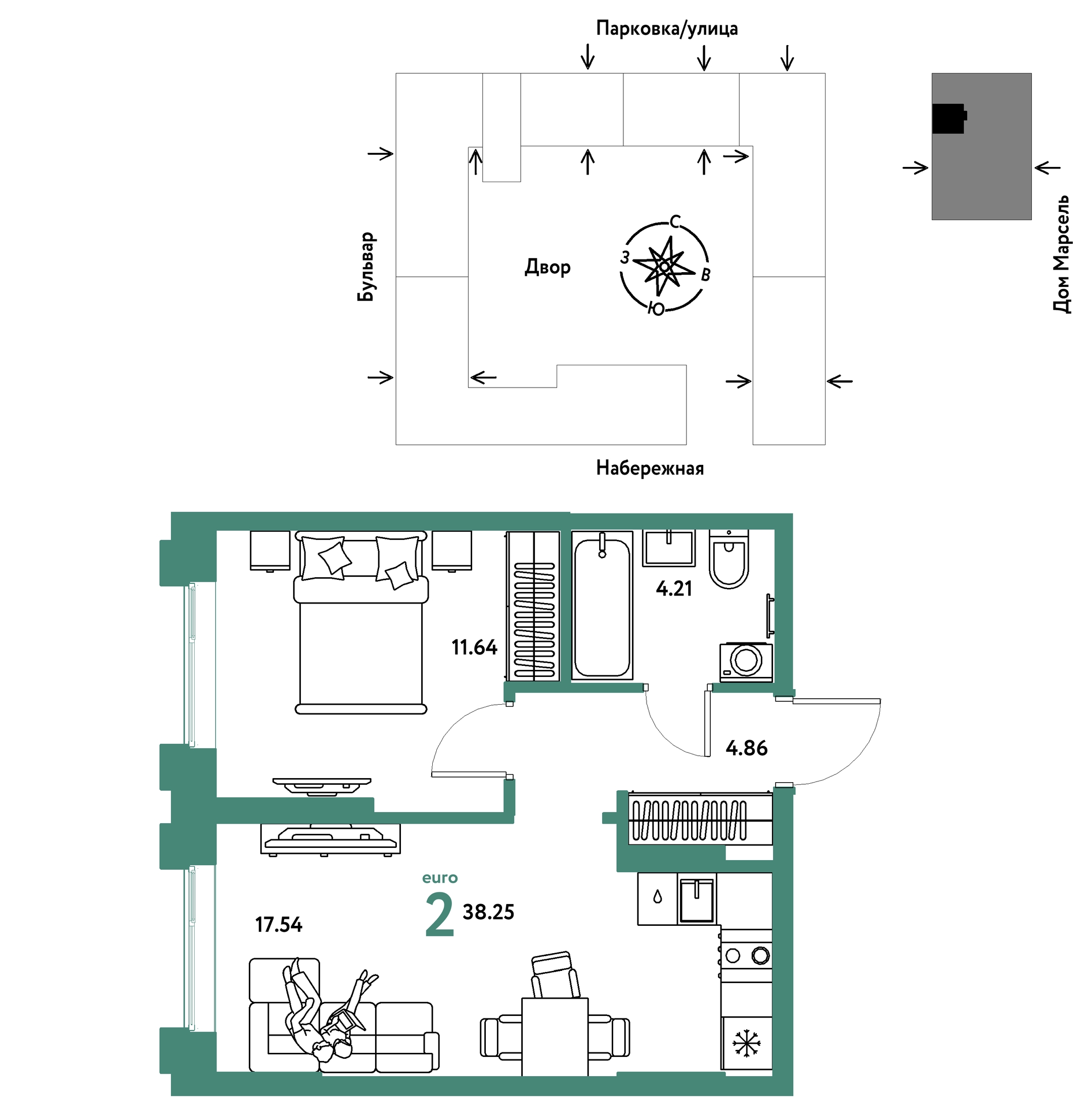 Планировка: Евродвушка 38.2 м² в ЖК Европейский берег 2.0, Европейский