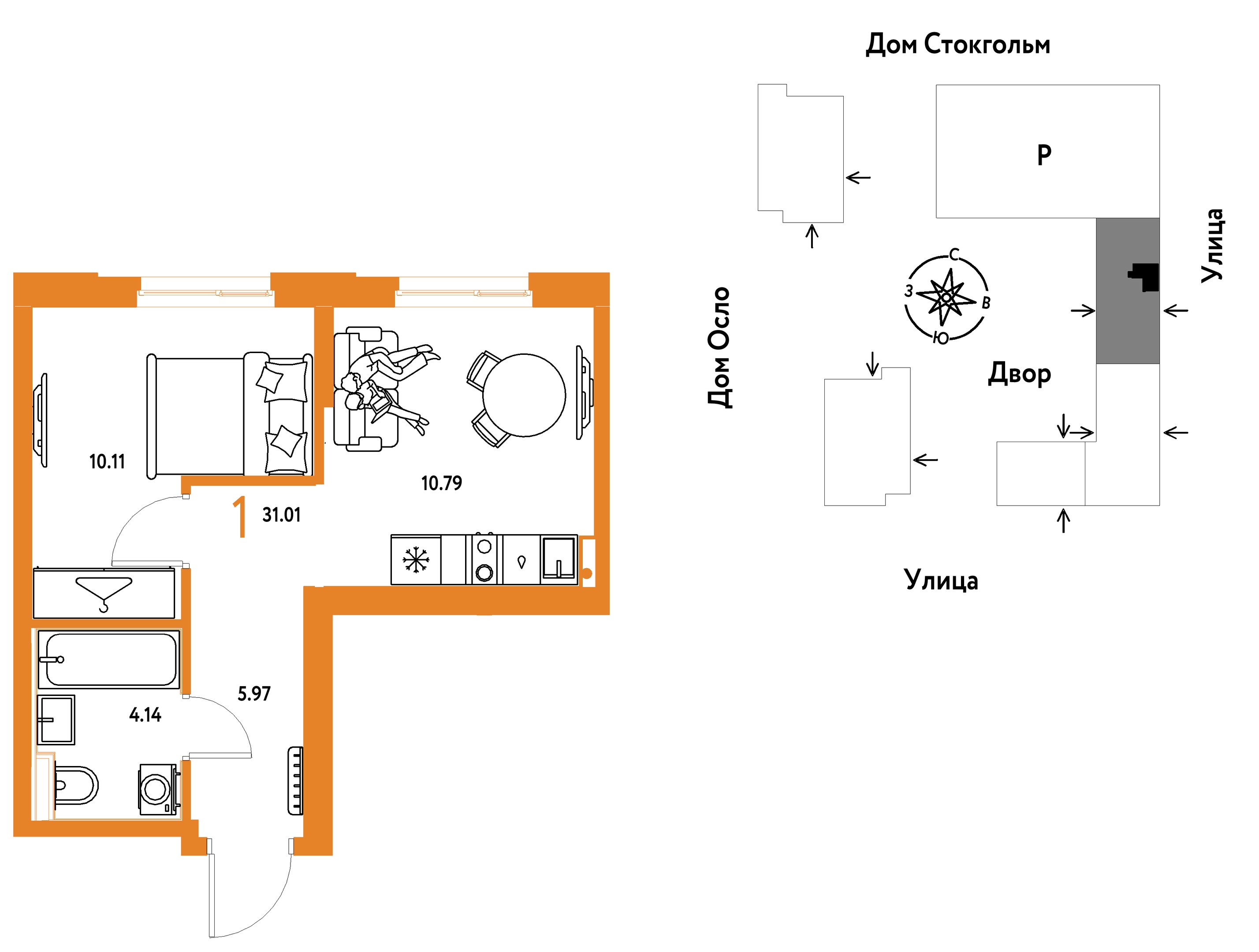 Планировка: 1-комнатная 31 м² в ЖК Европейский берег 2.0, Европейский