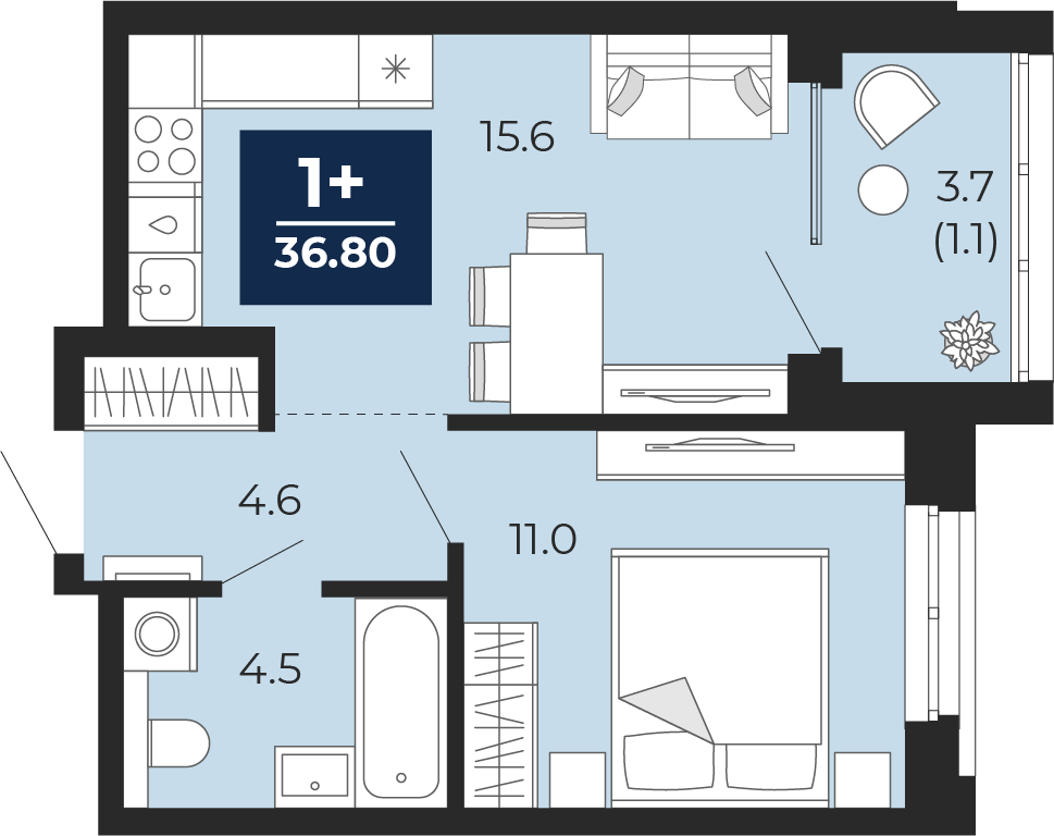 Планировка: Евродвушка 39.4 м² в ЖК Мириады, Мыс