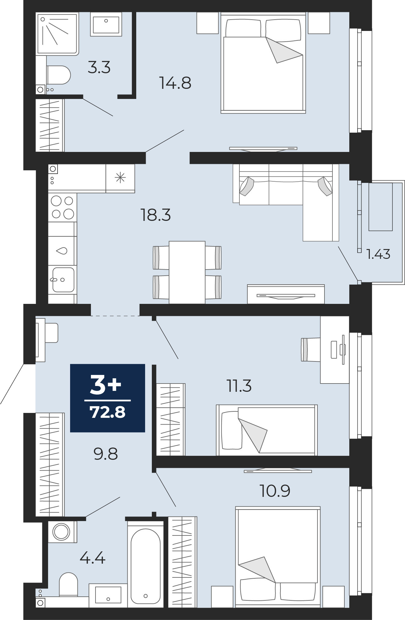 Планировка: 4-комнатная евро 75.6 м² в ЖК Прео, Тюменская слобода