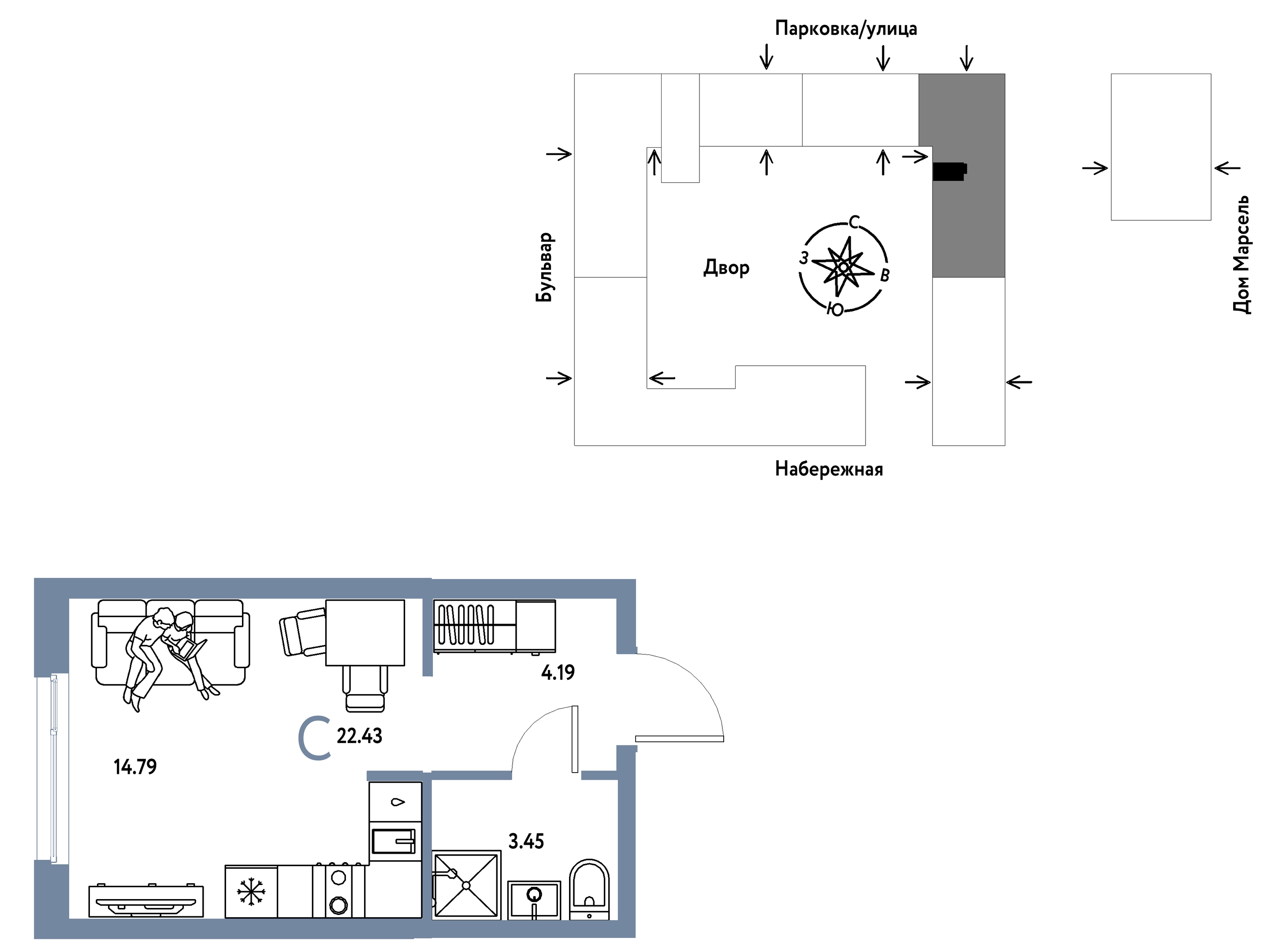 Планировка: Студия 22.4 м² в ЖК Европейский берег 2.0, Европейский