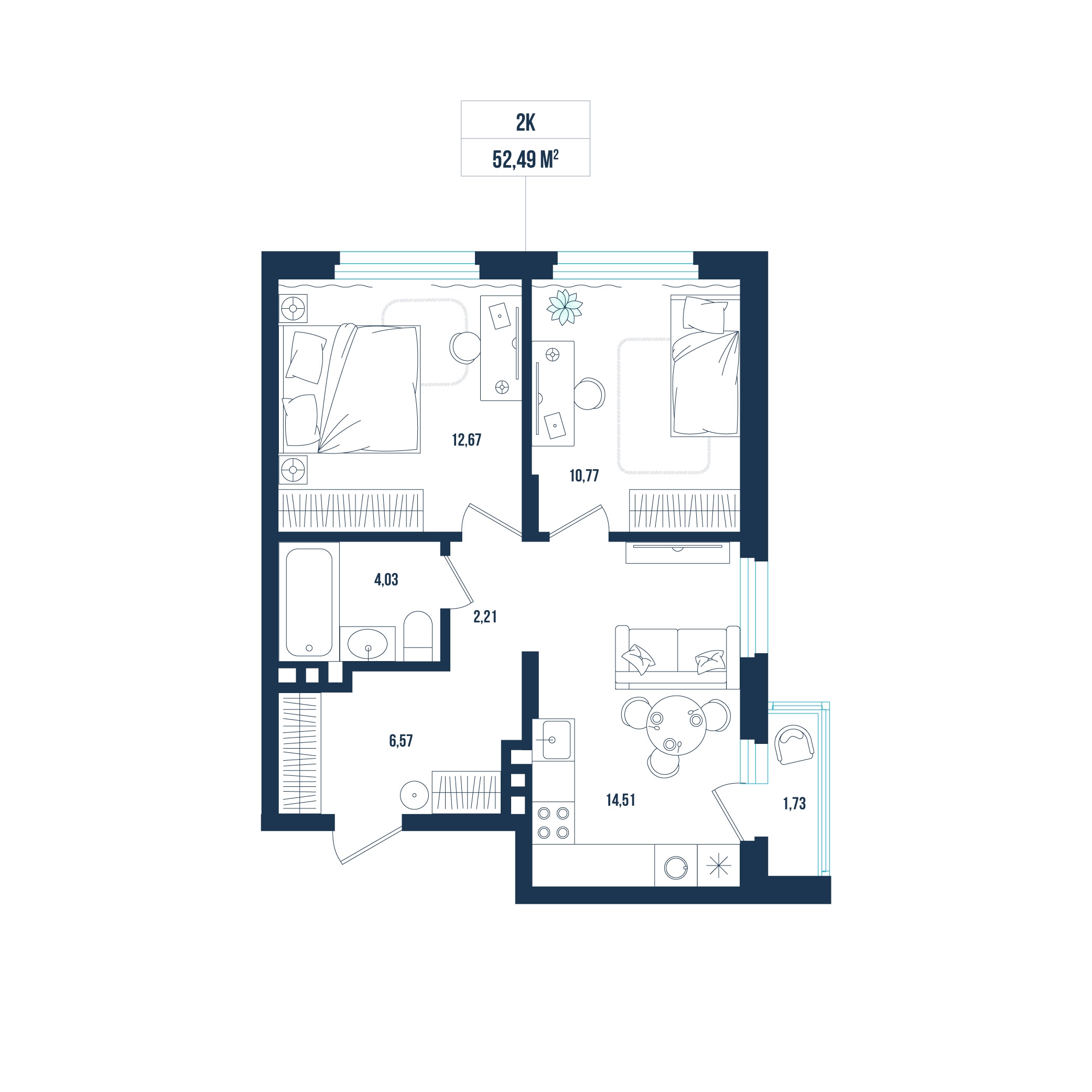 Планировка: Евротрешка 52.5 м² в ЖК Смородина, Мелиораторов