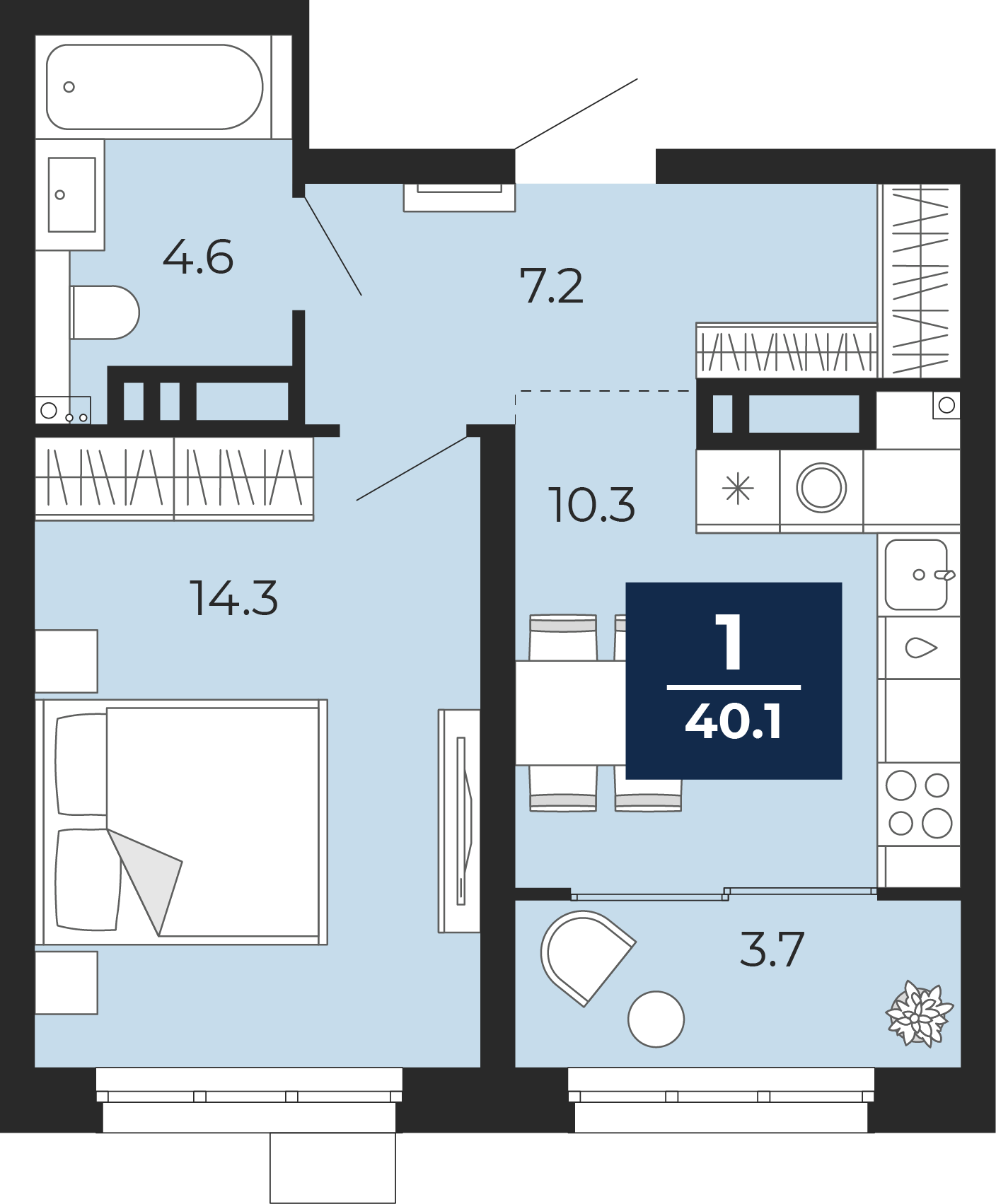 Планировка: 1-комнатная 41 м² в ЖК Беринг, Лесобаза