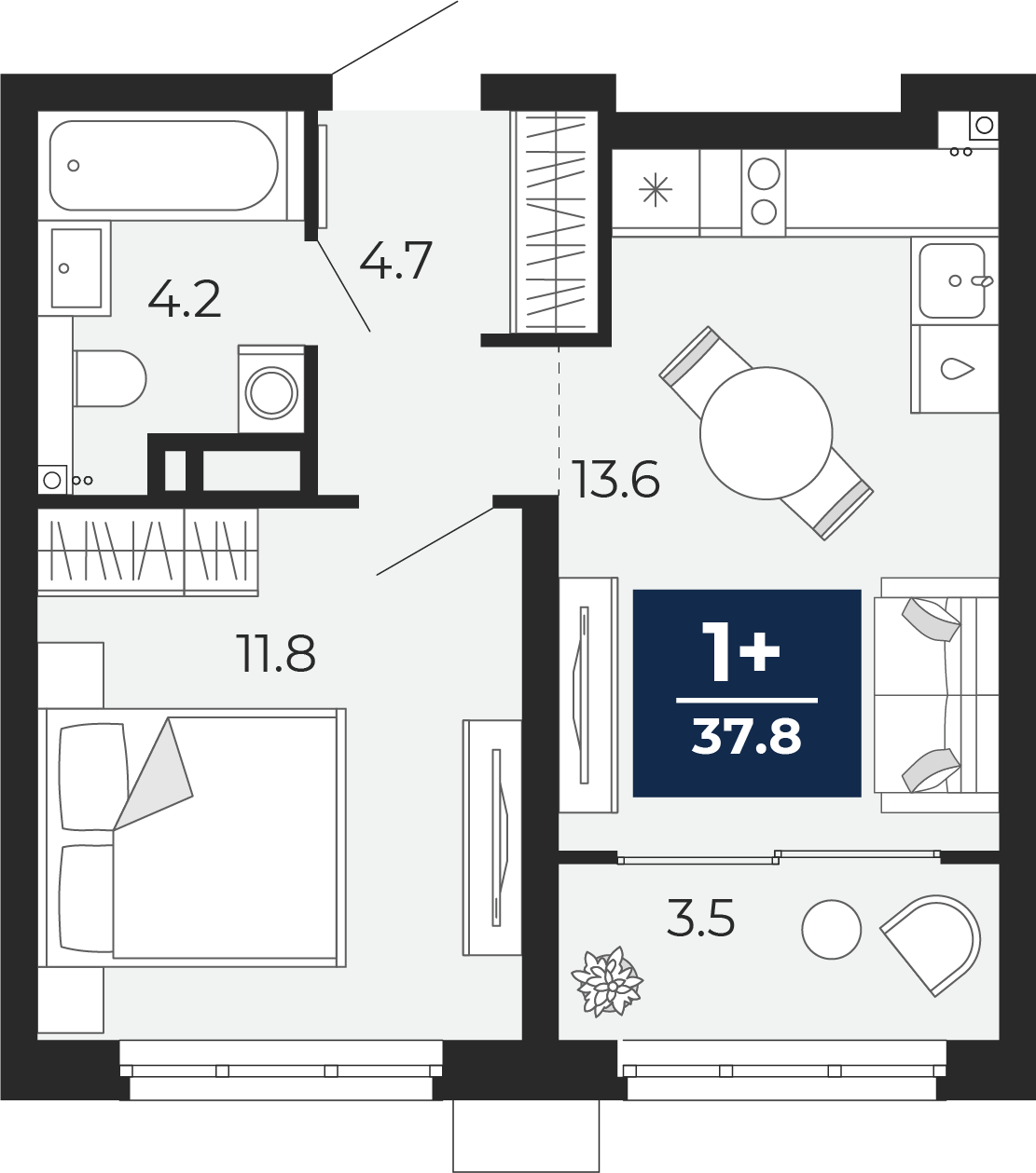 Планировка: Евродвушка 38.4 м² в ЖК Прео, Тюменская слобода