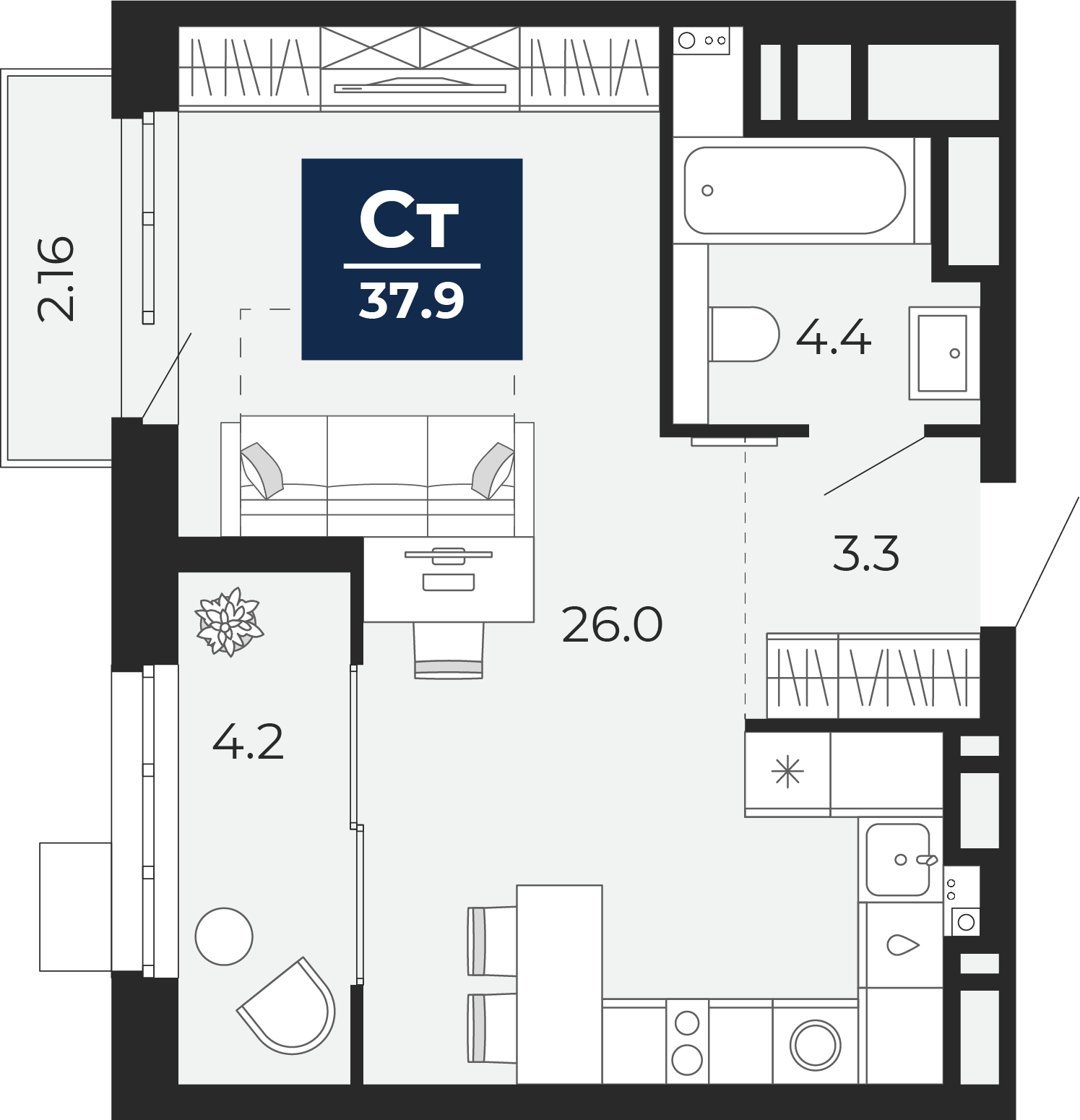 Планировка: Студия 40.8 м² в ЖК Беринг, Лесобаза