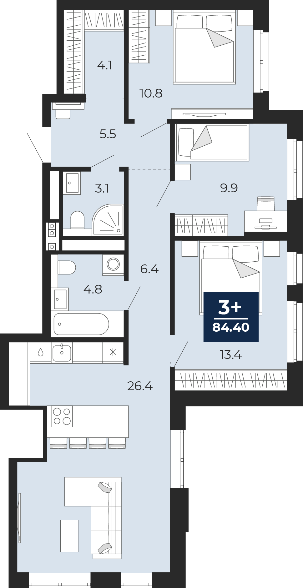Планировка: 4-комнатная евро 84.4 м² в ЖК Мириады, Мыс