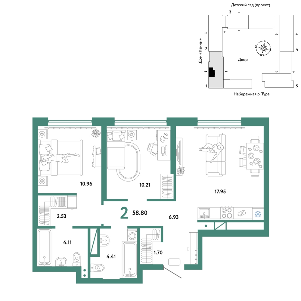Планировка: Евротрешка 58.8 м² в ЖК Европейский берег 2.0, Европейский