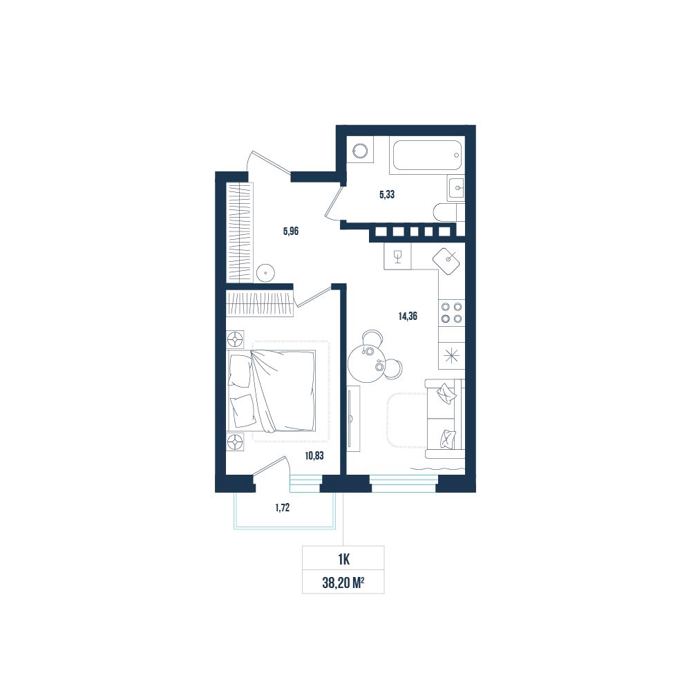 Планировка: Евродвушка 38.2 м² в ЖК Смородина, Мелиораторов