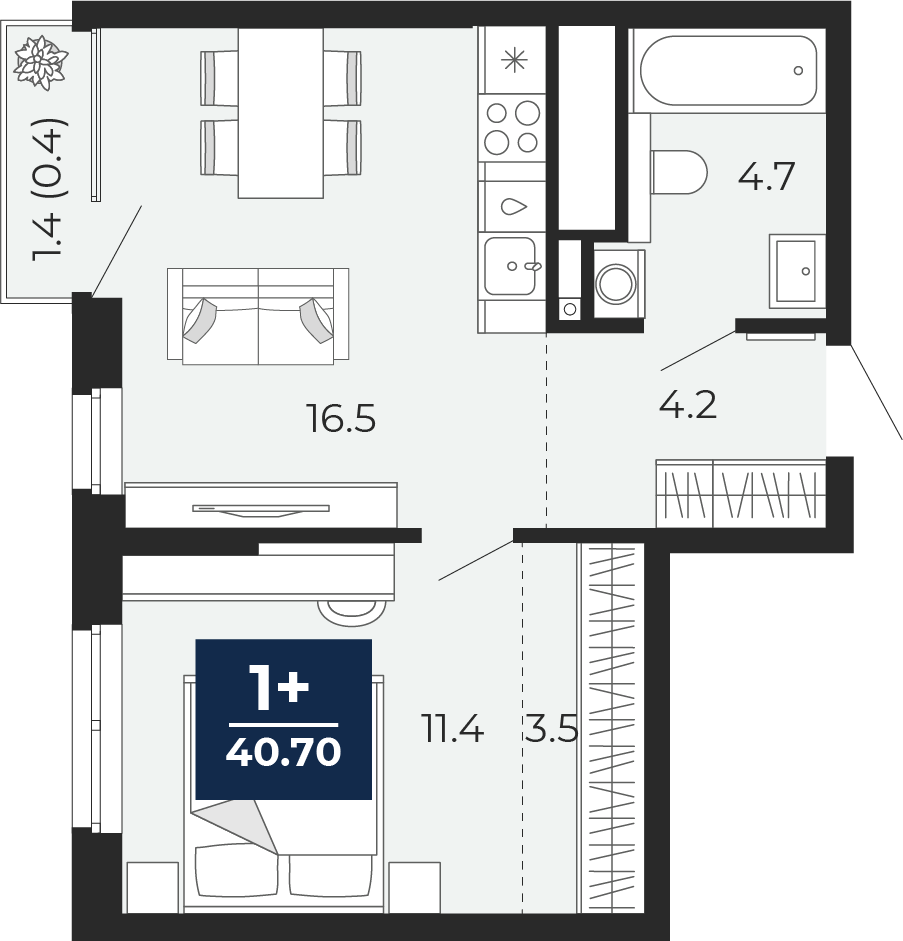 Планировка: Евродвушка 41.7 м² в ЖК Мириады, Мыс
