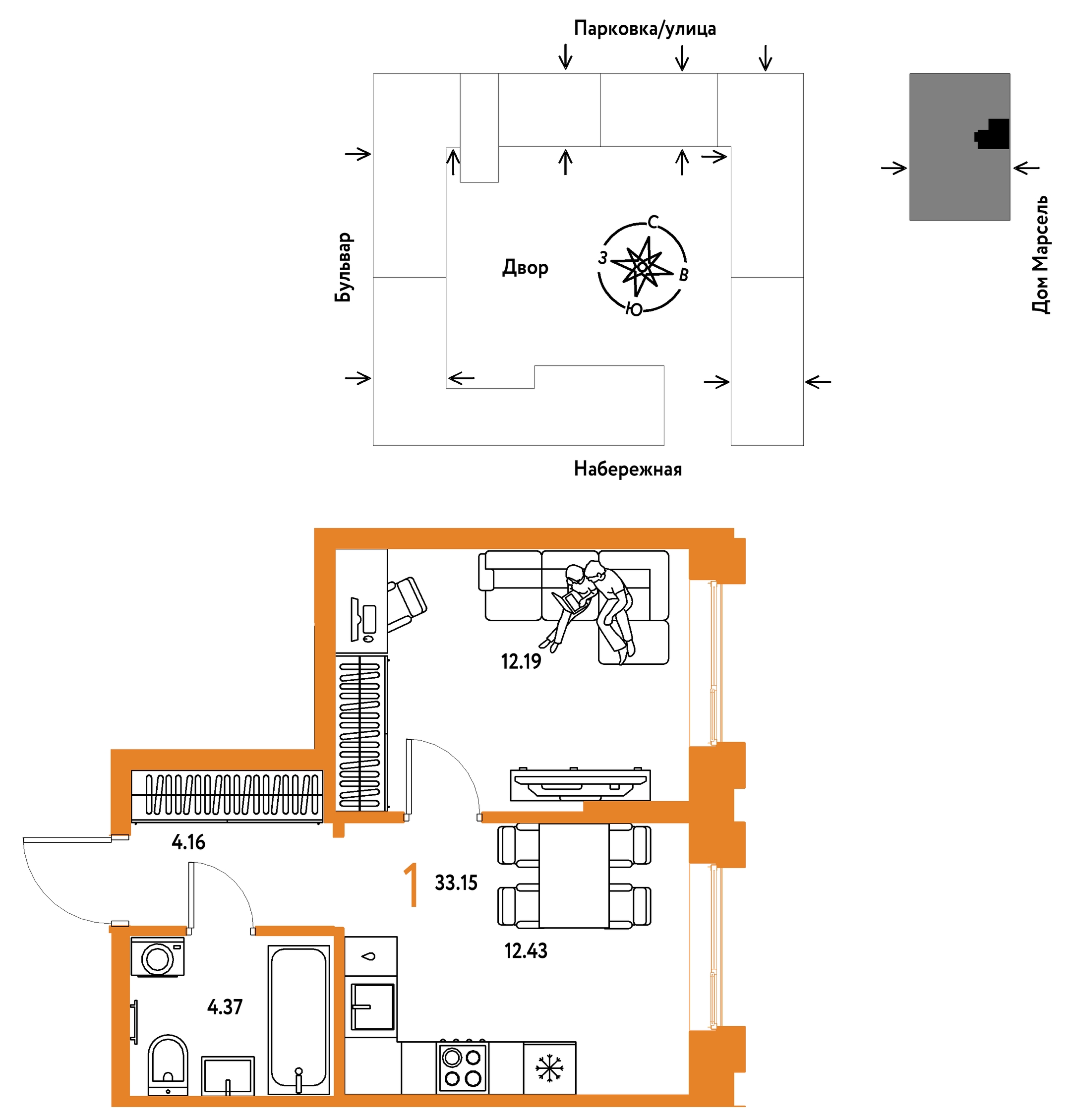 Планировка: 1-комнатная 33.1 м² в ЖК Европейский берег 2.0, Европейский