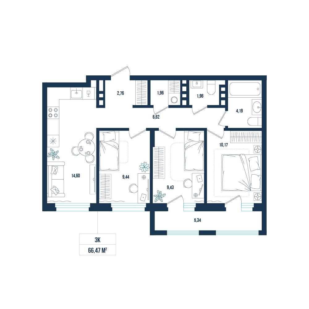 Планировка: 4-комнатная евро 66.5 м² в ЖК Смородина, Мелиораторов