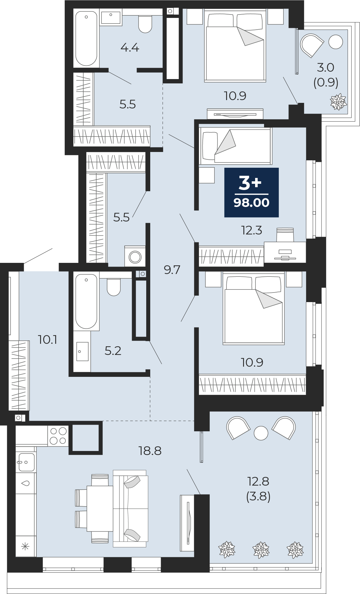 Планировка: 4-комнатная евро 109.1 м² в ЖК Мириады, Мыс