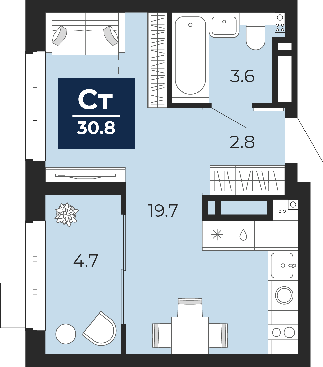 Планировка: Студия 31.5 м² в ЖК Беринг, Лесобаза