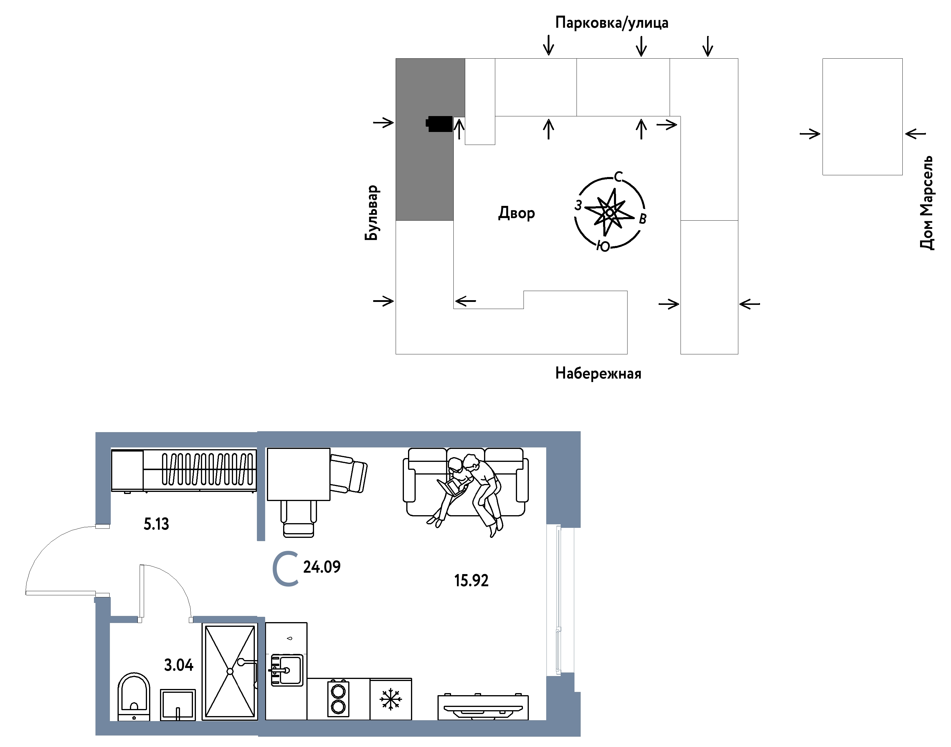 Планировка: Студия 24.1 м² в ЖК Европейский берег 2.0, Европейский