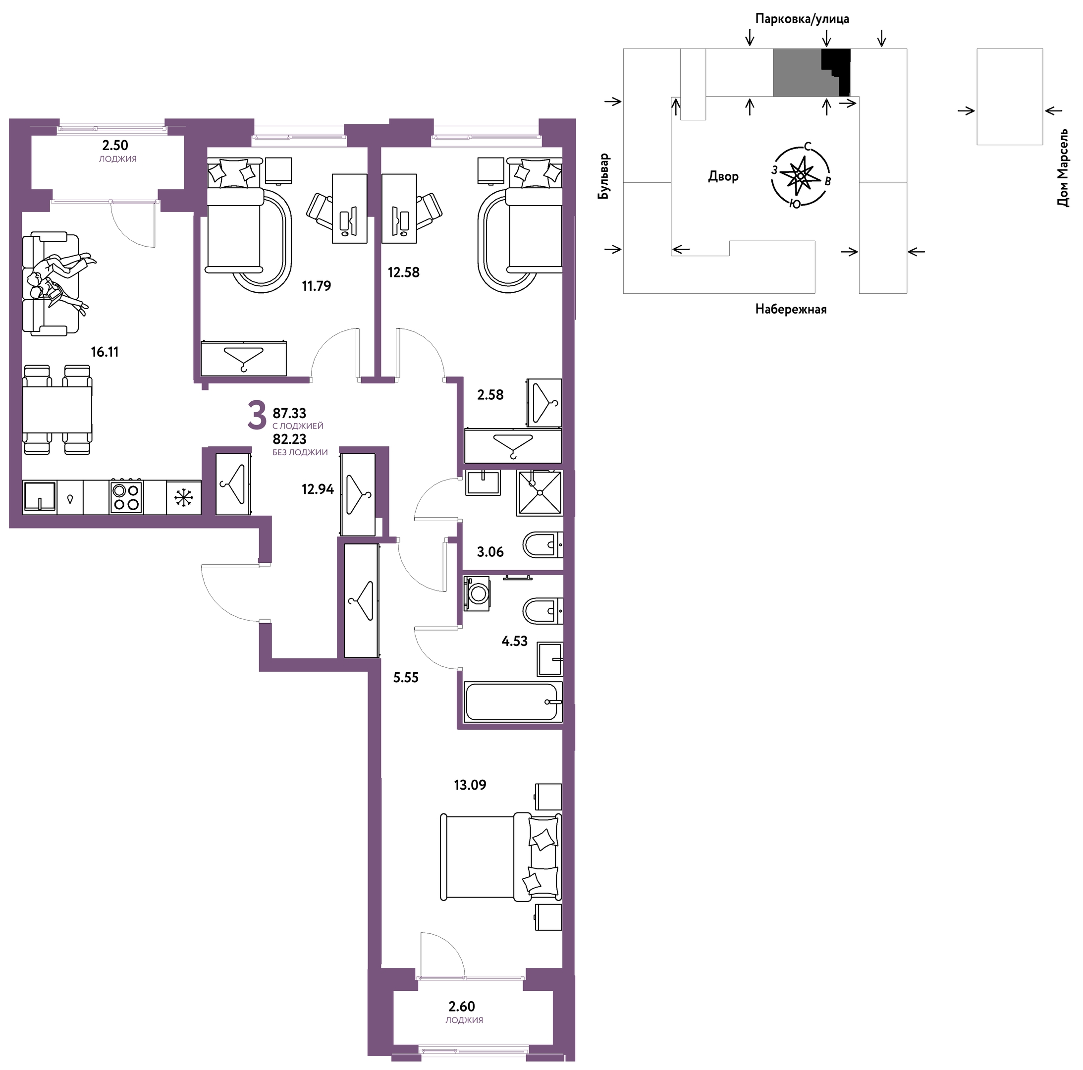 Планировка: 4-комнатная евро 87.3 м² в ЖК Европейский берег 2.0, Европейский