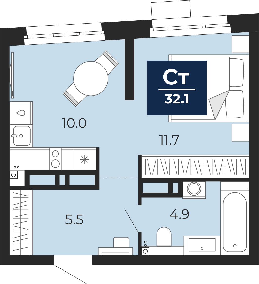 Планировка: Студия 32.8 м² в ЖК Прео, Тюменская слобода