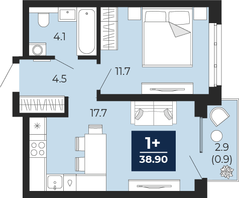 Планировка: Евродвушка 40.9 м² в ЖК Мириады, Мыс