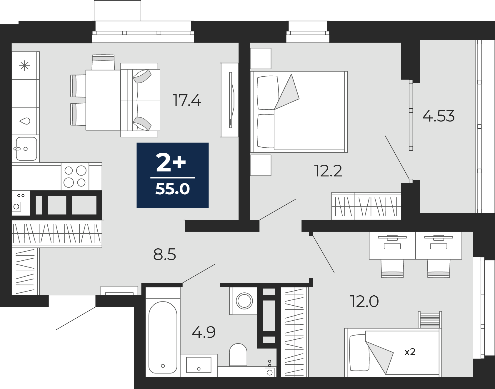 Планировка: Евротрешка 60.8 м² в ЖК Прео, Тюменская слобода