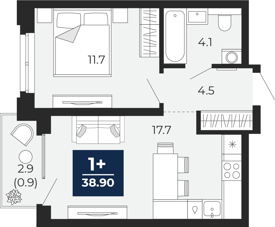 Планировка: Евродвушка 40.9 м² в ЖК Мириады, Мыс
