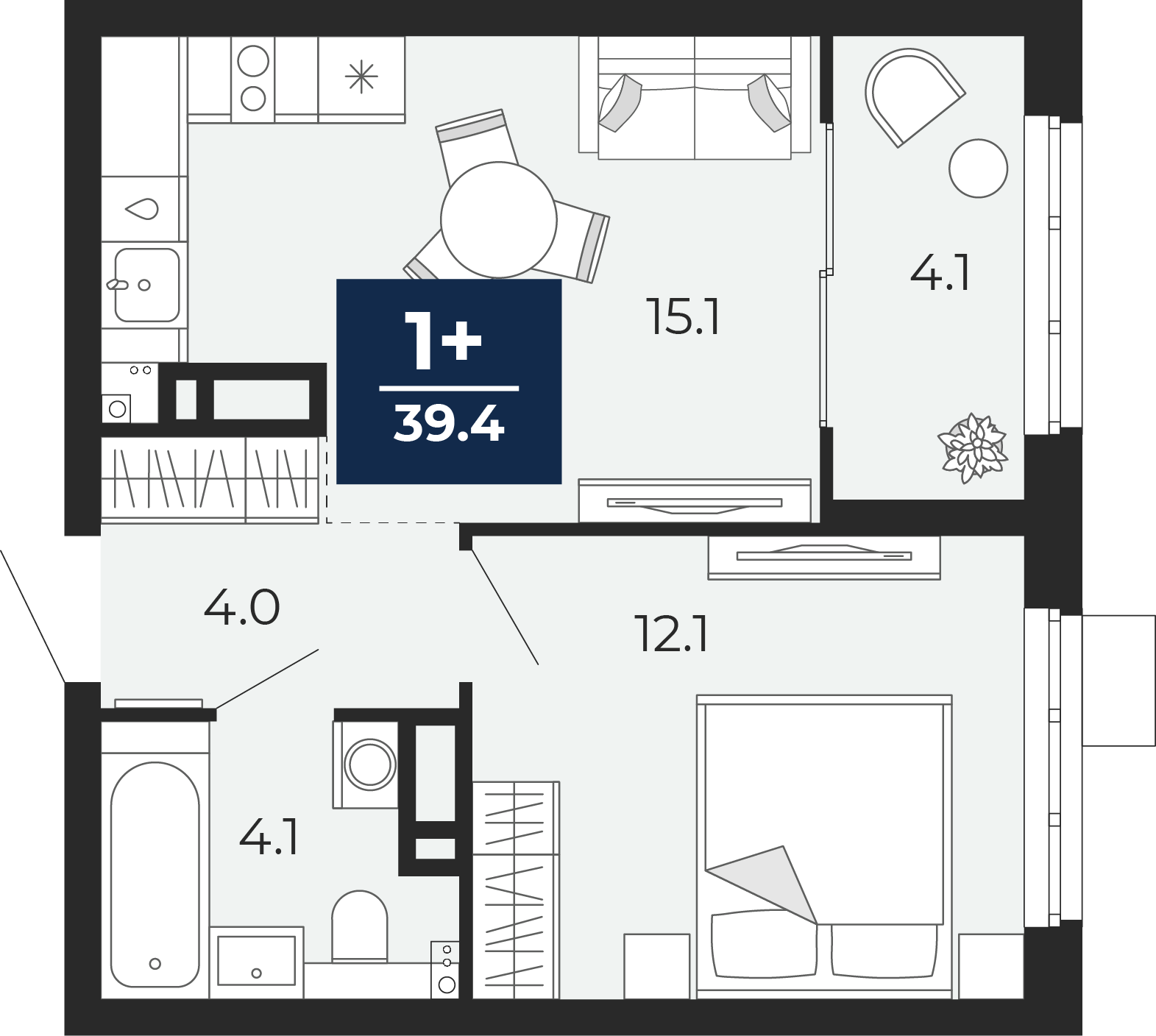 Планировка: Евродвушка 39.9 м² в ЖК Беринг, Лесобаза
