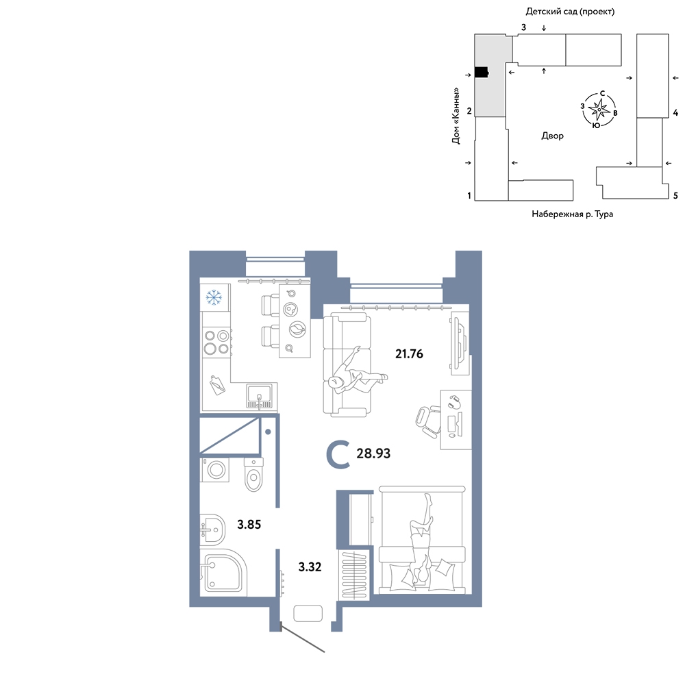 Планировка: Студия 28.9 м² в ЖК Европейский берег 2.0, Европейский