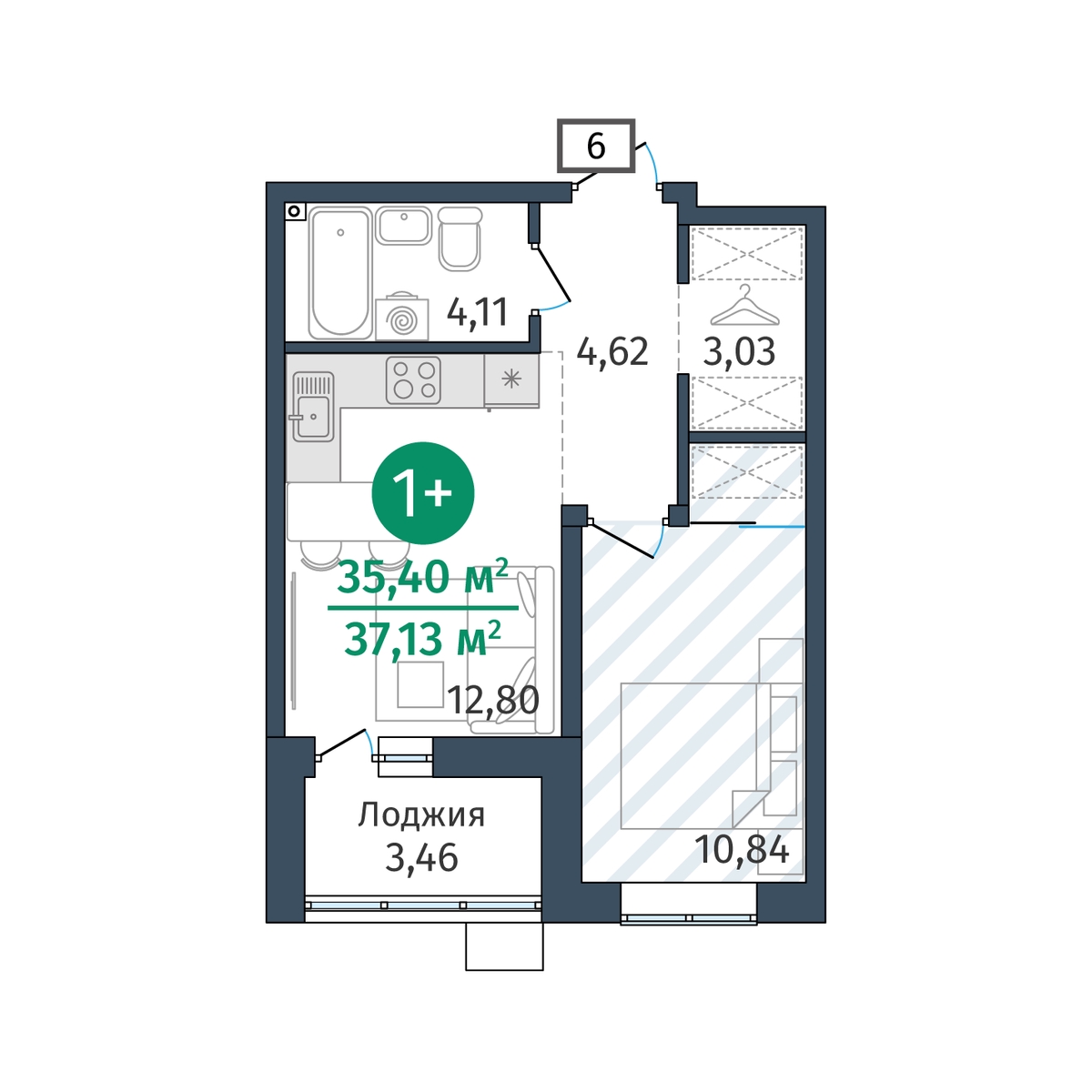 Планировка: 1-комнатная 37.1 м² в ЖК Гринвуд, От Слободы до Комарово парк