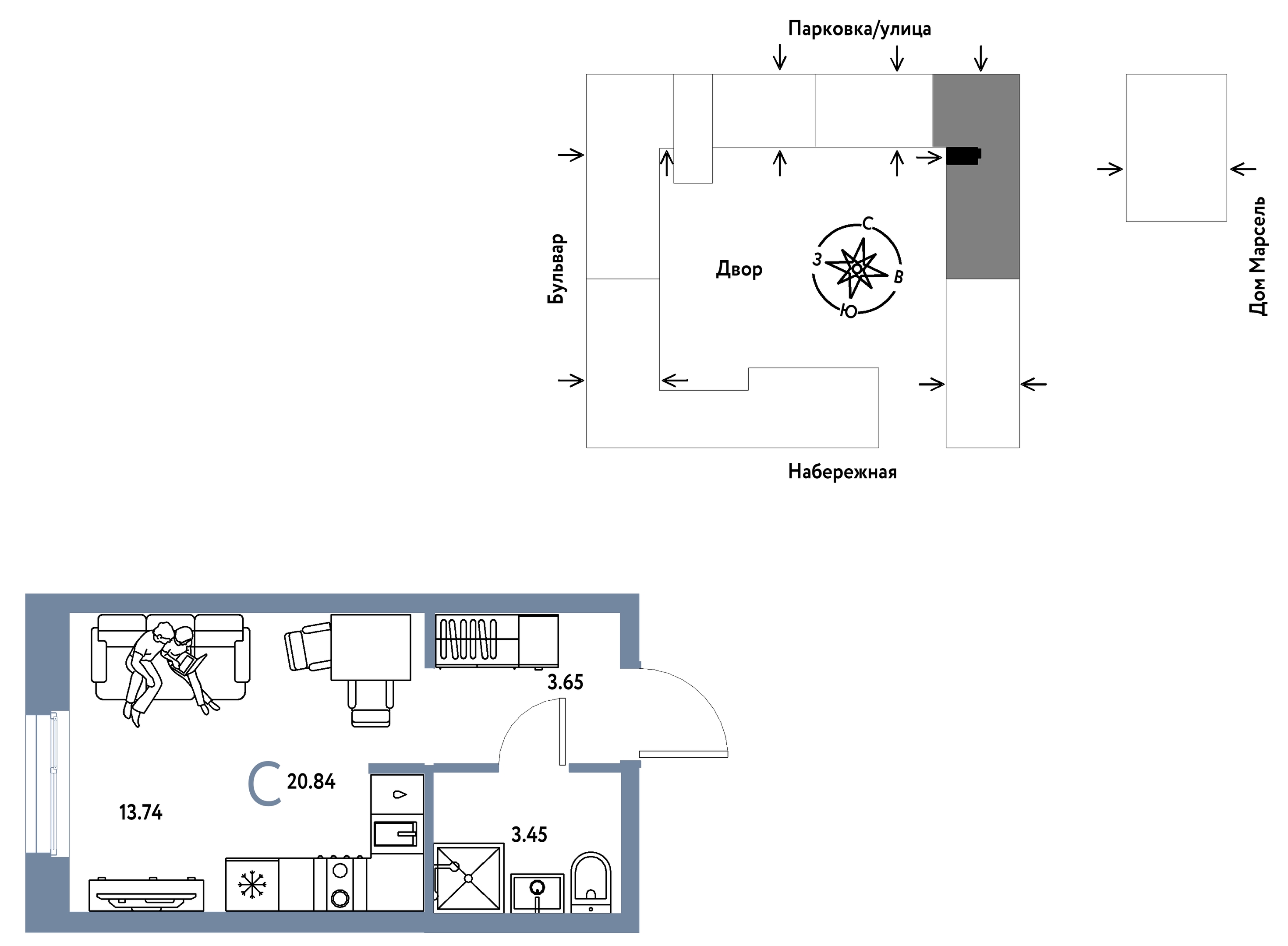 Планировка: Студия 20.8 м² в ЖК Европейский берег 2.0, Европейский