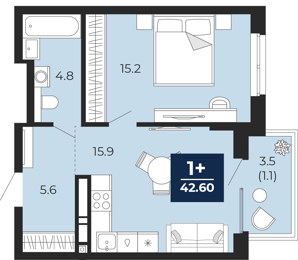 Планировка: Евродвушка 45 м² в ЖК Мириады, Мыс