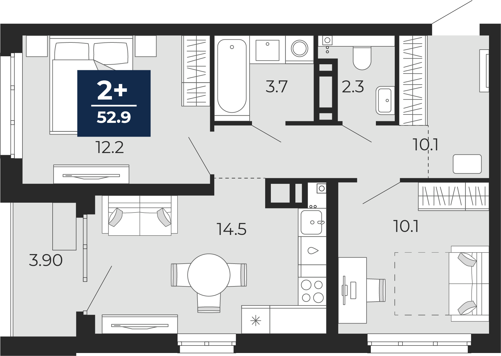 Планировка: Евротрешка 57.8 м² в ЖК Прео, Тюменская слобода