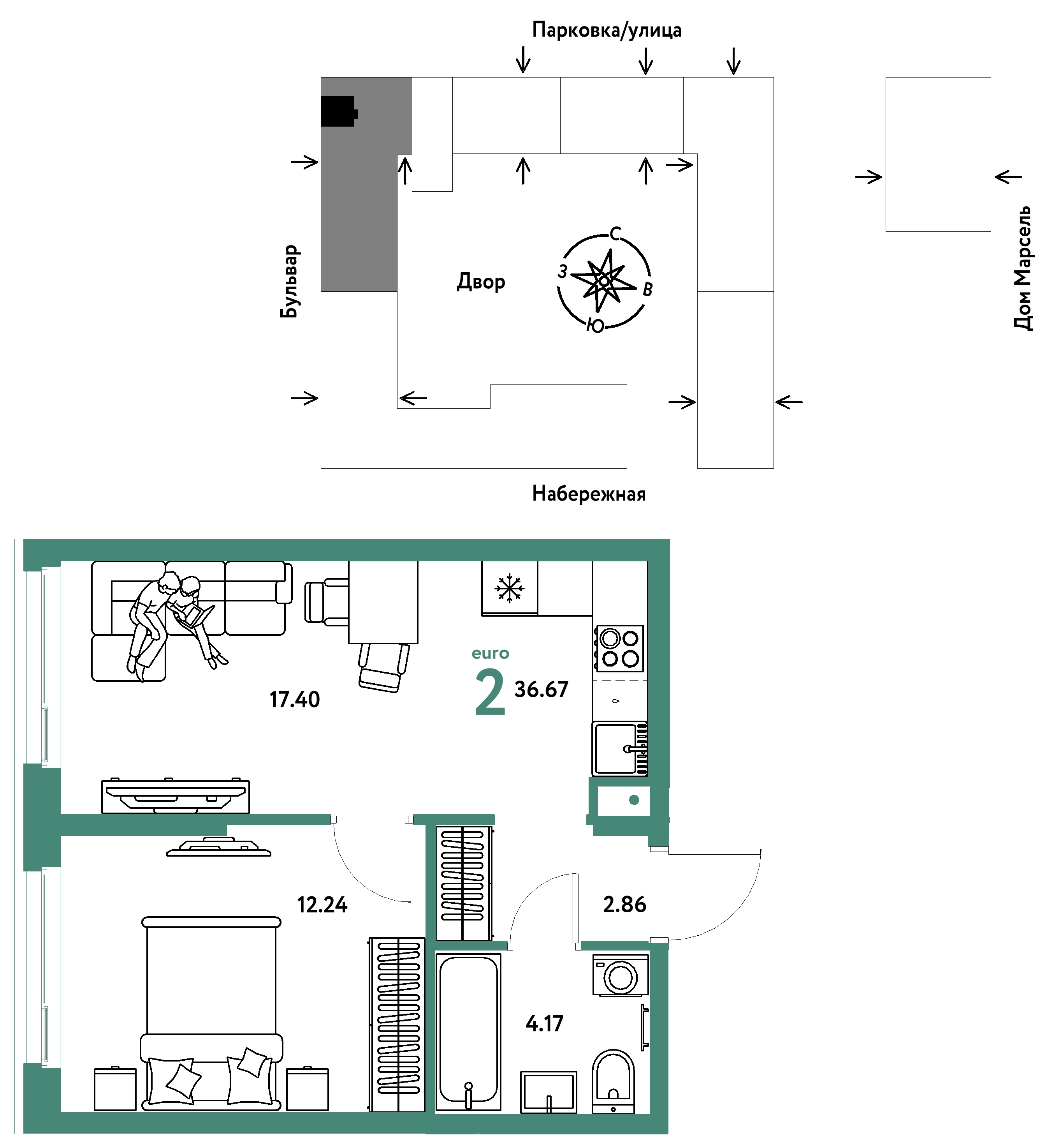 Планировка: Евродвушка 36.7 м² в ЖК Европейский берег 2.0, Европейский