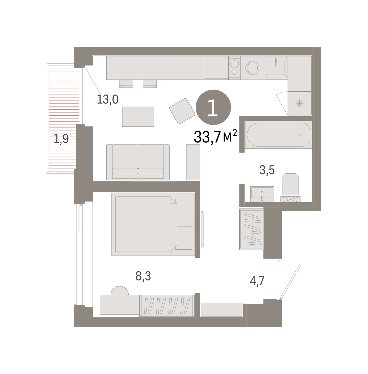 Планировка: Евродвушка 33.7 м² в ЖК Зарека, Заречный