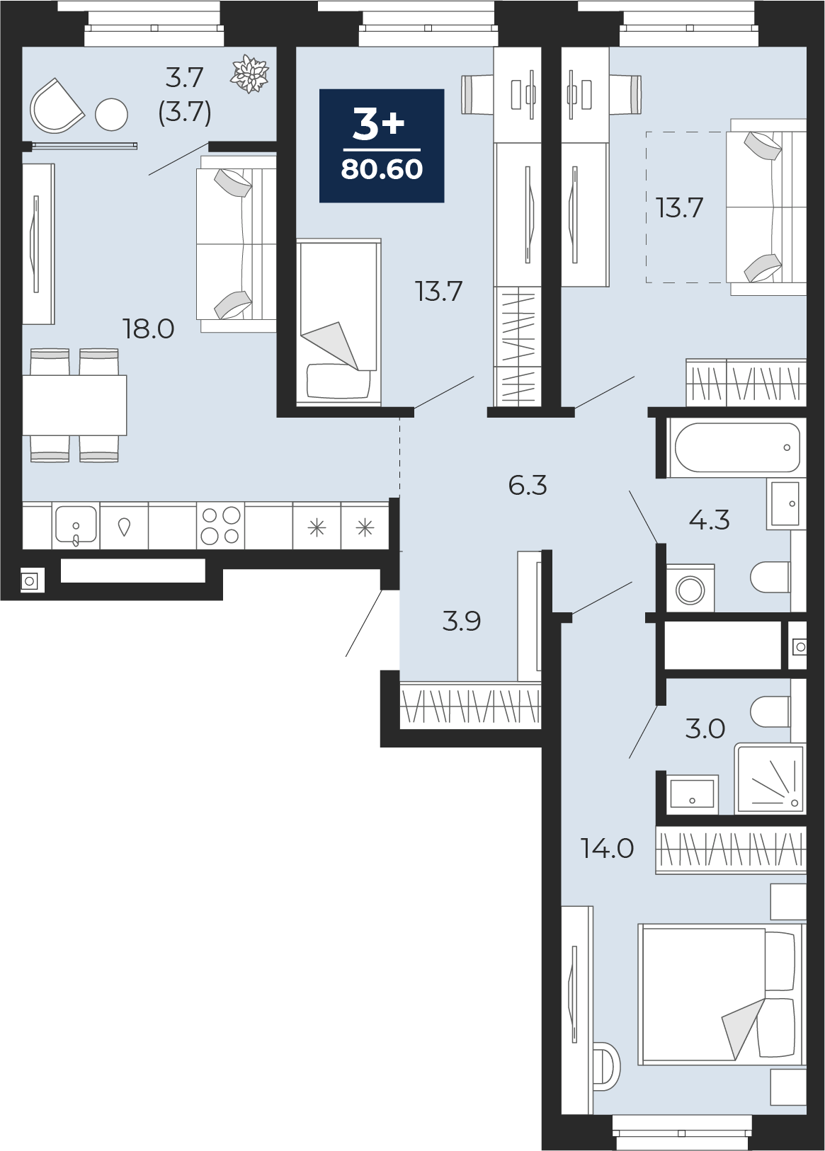 Планировка: 4-комнатная евро 80.6 м² в ЖК Мириады, Мыс