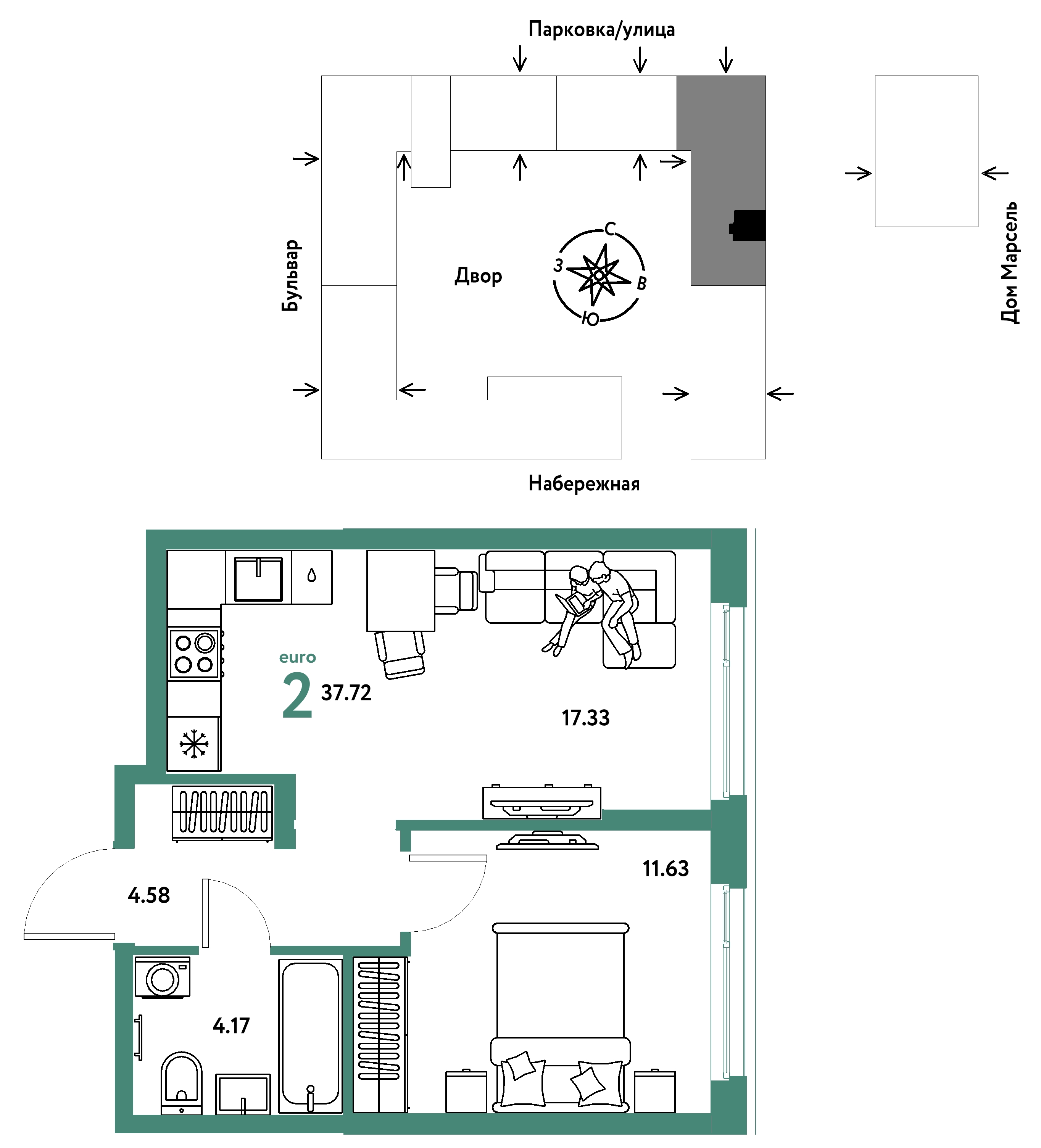 Планировка: Евродвушка 37.7 м² в ЖК Европейский берег 2.0, Европейский