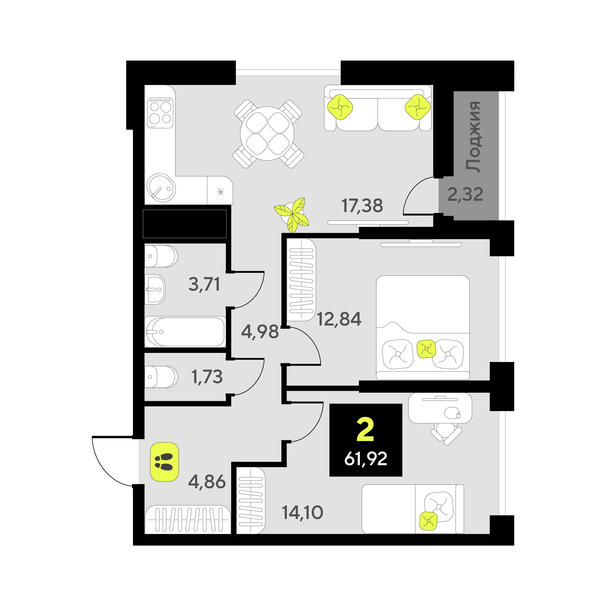 Планировка: 2-комнатная 61.9 м² в ЖК Окинава, 5-й Заречный