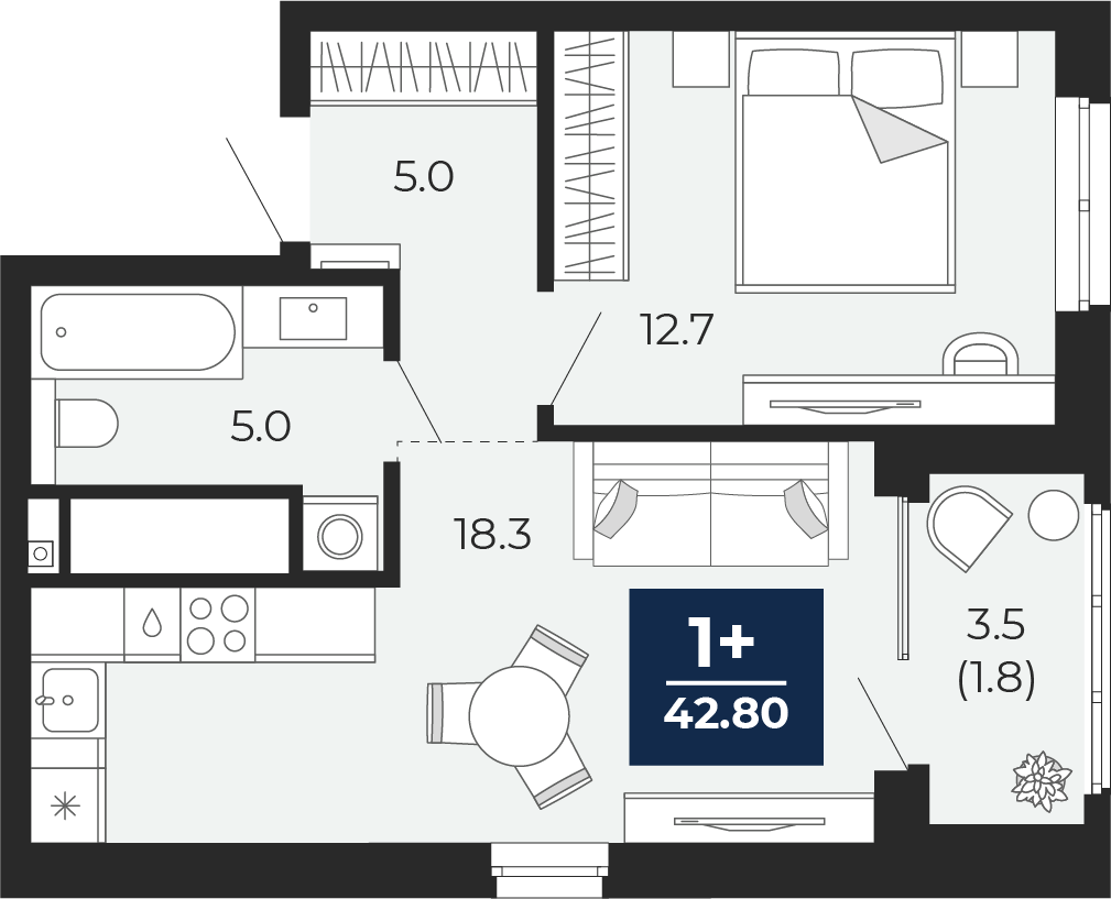 Планировка: Евродвушка 44.5 м² в ЖК Мириады, Мыс