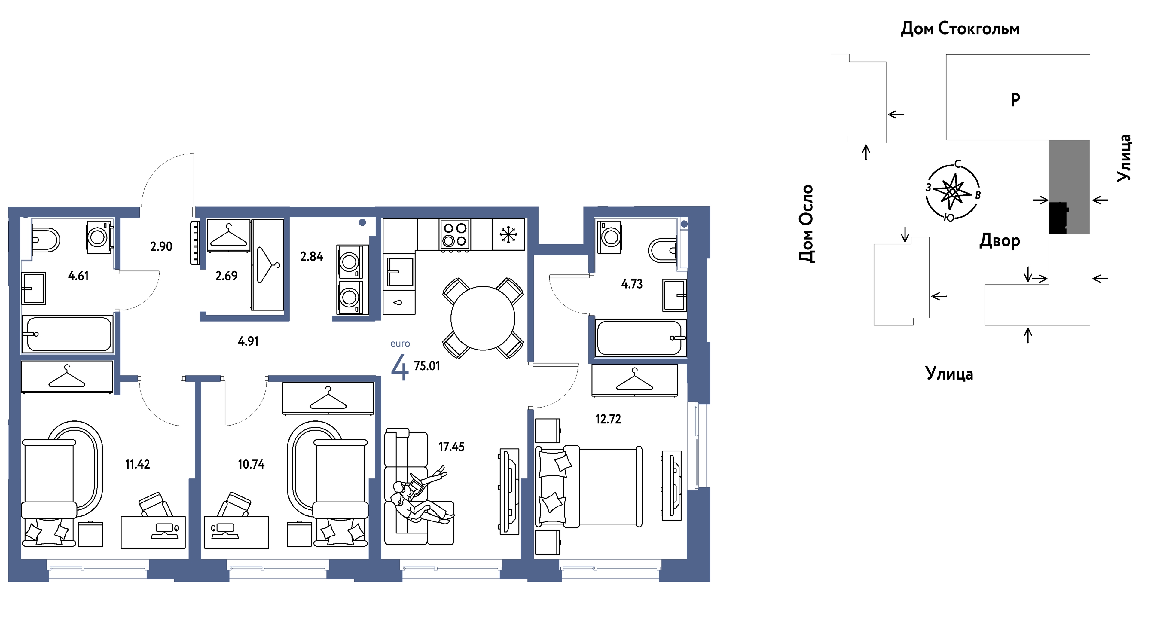 Планировка: 4-комнатная евро 75 м² в ЖК Европейский берег 2.0, Европейский