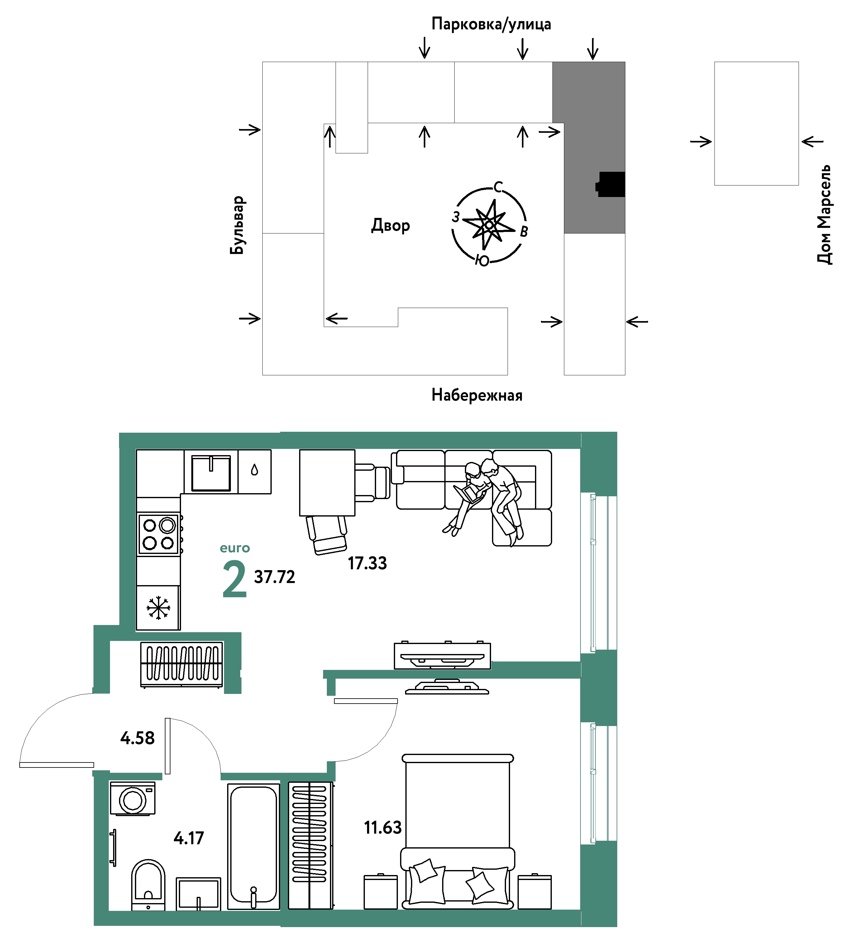 Планировка: Евродвушка 37.7 м² в ЖК Европейский берег 2.0, Европейский