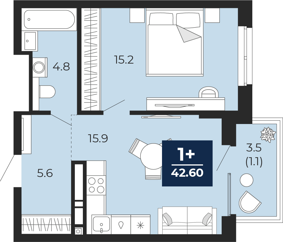 Планировка: Евродвушка 45 м² в ЖК Мириады, Мыс