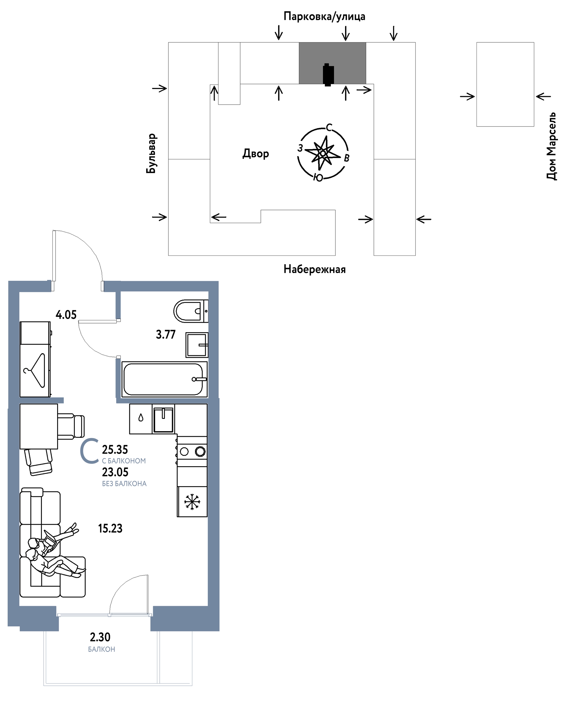 Планировка: Студия 25.4 м² в ЖК Европейский берег 2.0, Европейский