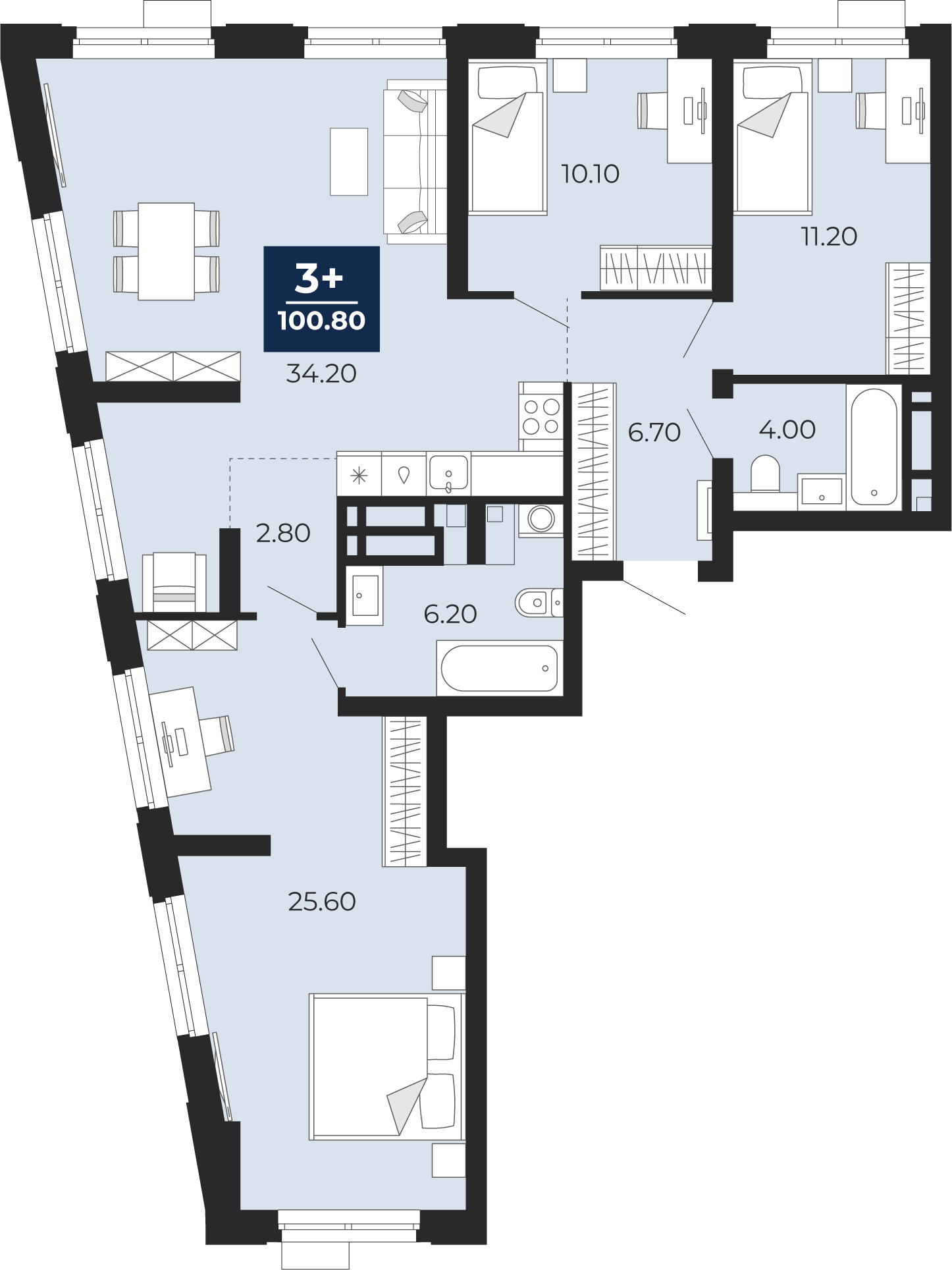 Планировка: 4-комнатная евро 100.8 м² в ЖК Айвазовский, 5-й Заречный