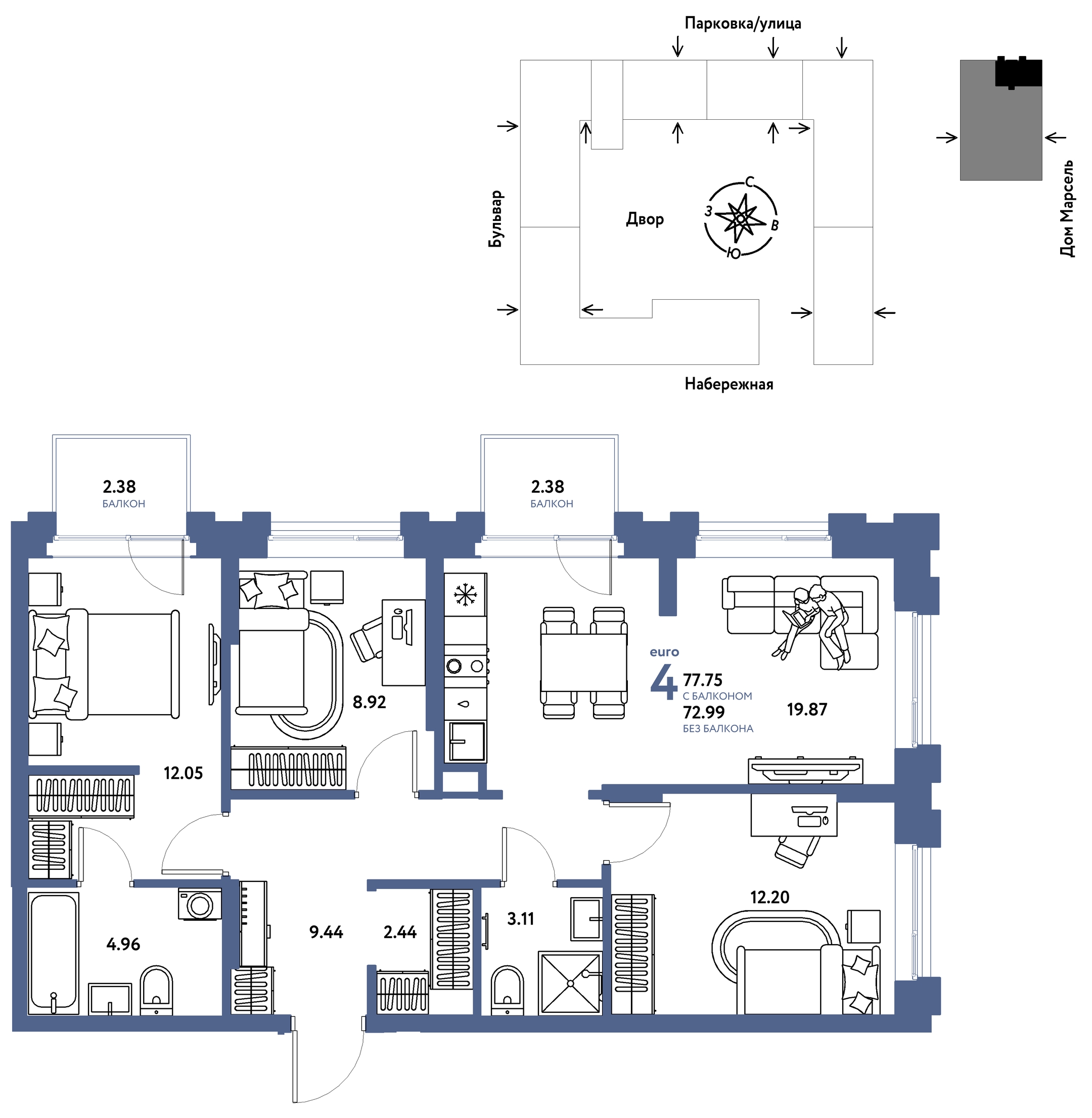 Планировка: 4-комнатная евро 77.8 м² в ЖК Европейский берег 2.0, Европейский