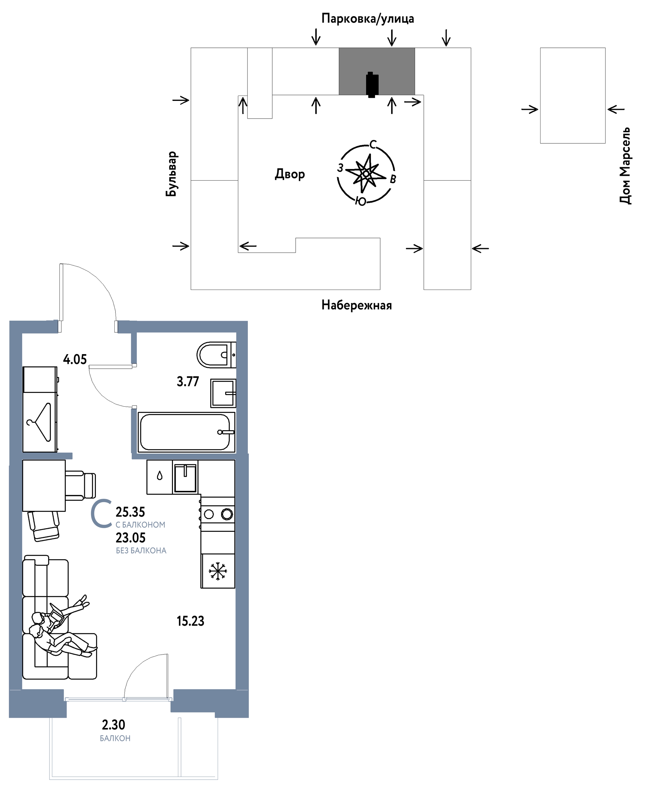 Планировка: Студия 25.4 м² в ЖК Европейский берег 2.0, Европейский