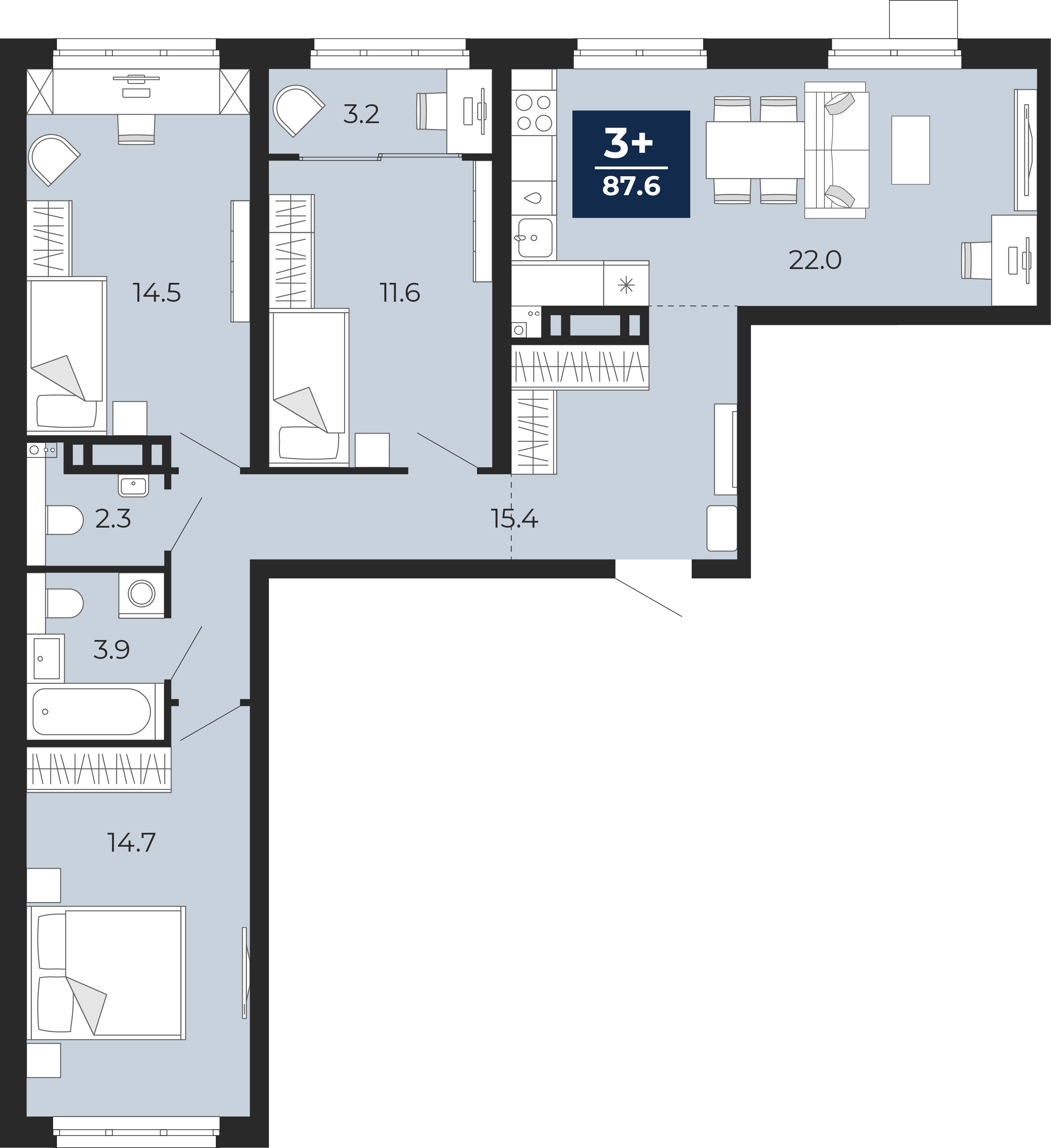 Планировка: 4-комнатная евро 89.3 м² в ЖК Беринг, Лесобаза