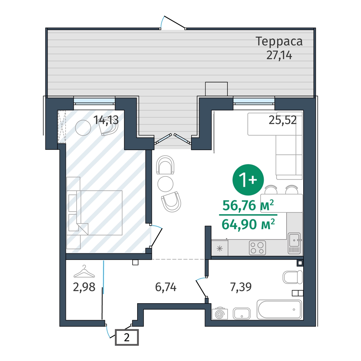 Планировка: Евродвушка 64.9 м² в ЖК Гринвуд, От Слободы до Комарово парк
