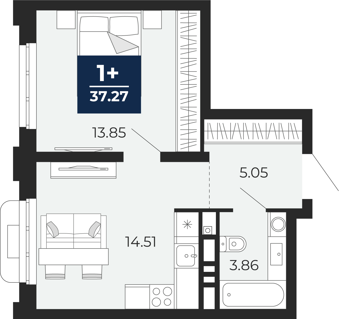 Планировка: Евродвушка 37.3 м² в ЖК Айвазовский, 5-й Заречный