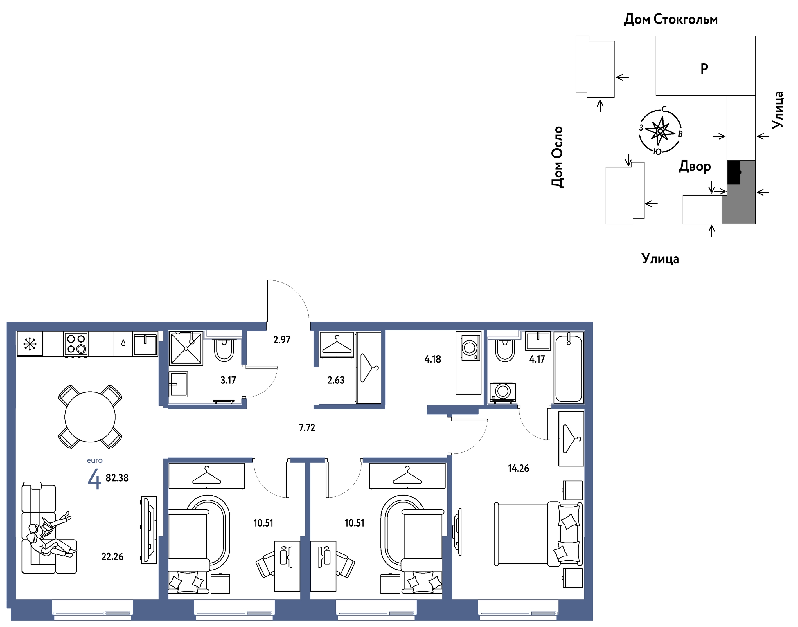 Планировка: 4-комнатная евро 82.4 м² в ЖК Европейский берег 2.0, Европейский